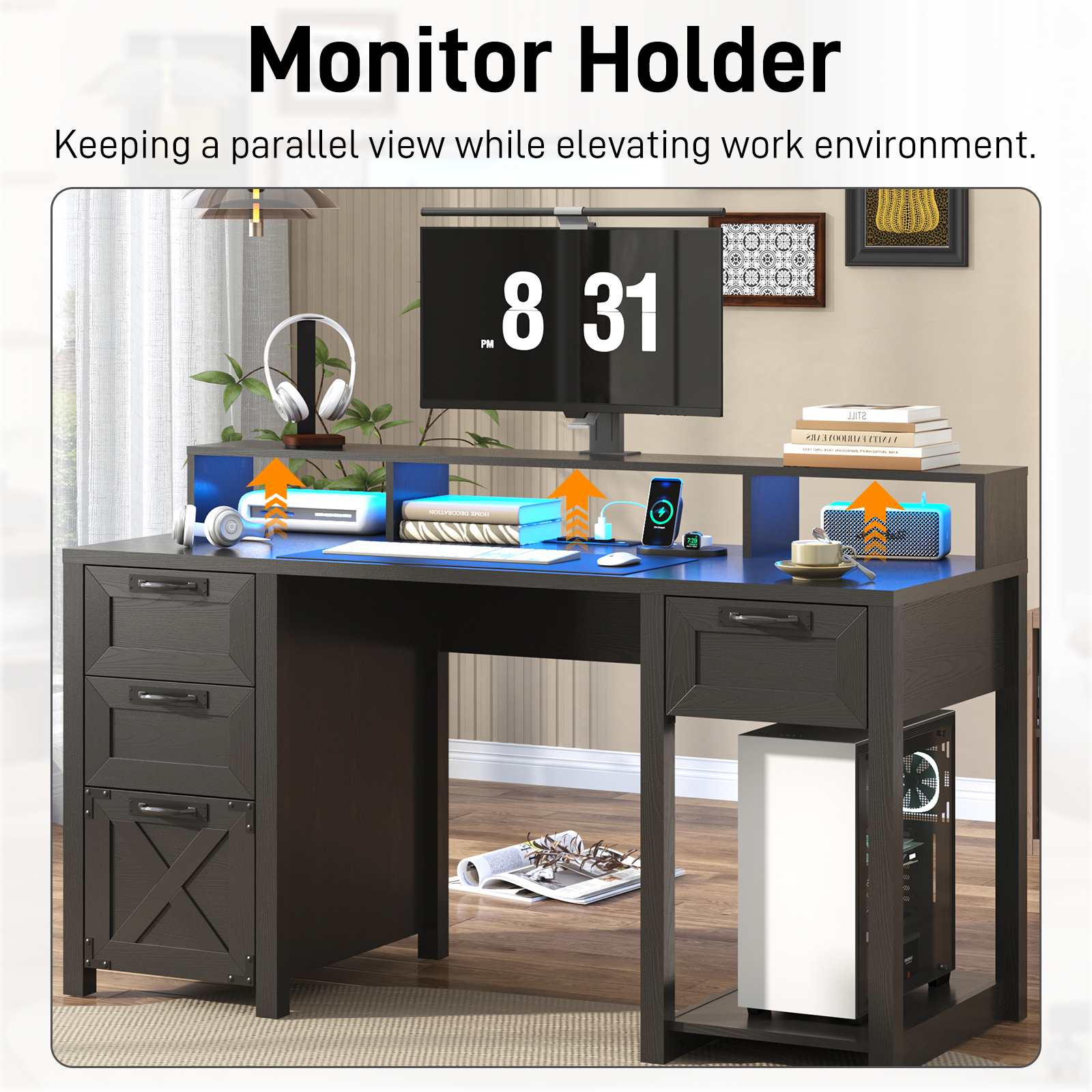 Blotout 59" LED Computer Desk with Power Outlets, Reversible Farmhouse Desk with Monitor Stand, Executive Desk with Drawers, Rustic Office Desk, Wood Desk for Office Home