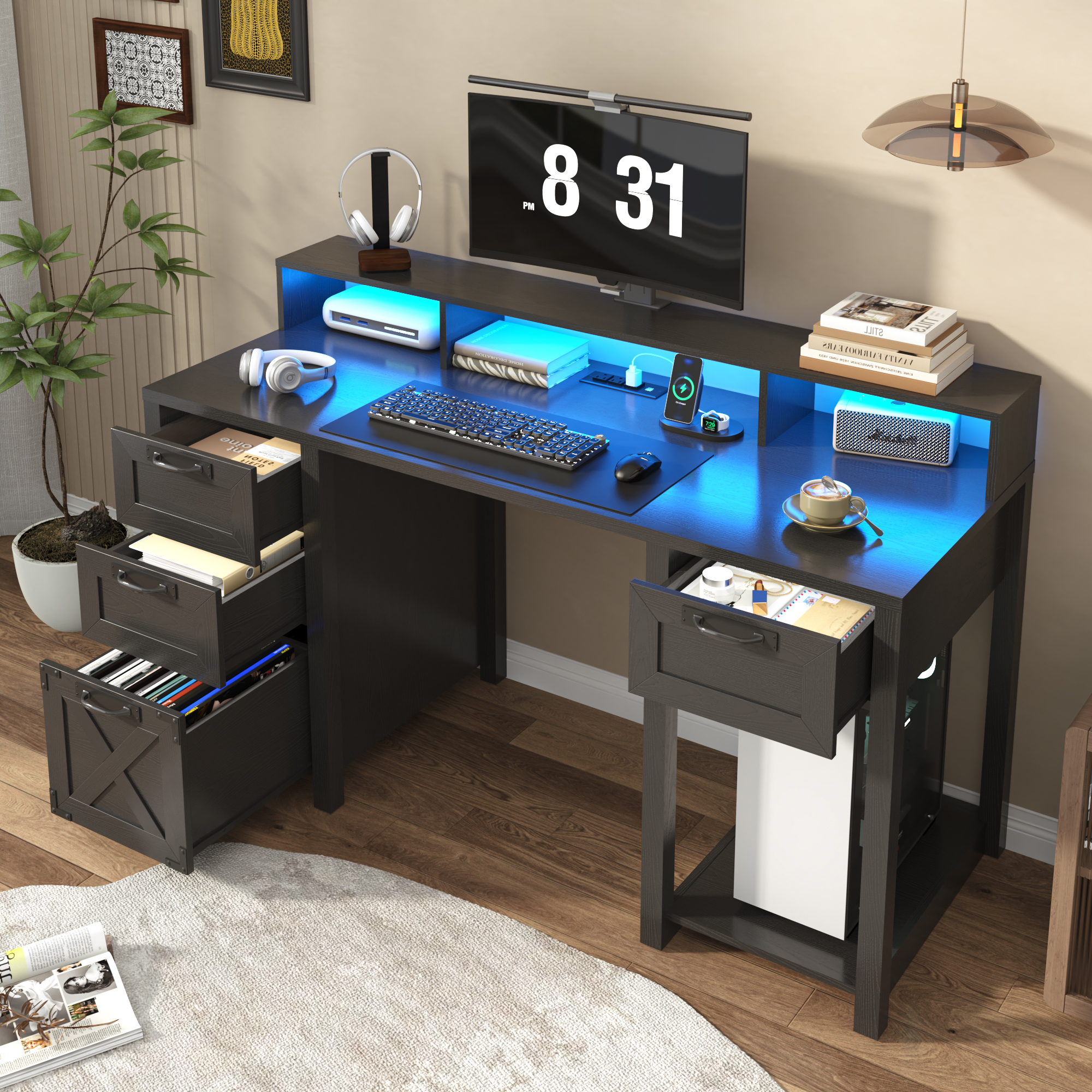 Blotout 59" LED Computer Desk with Power Outlets, Reversible Farmhouse Desk with Monitor Stand, Executive Desk with Drawers, Rustic Office Desk, Wood Desk for Office Home