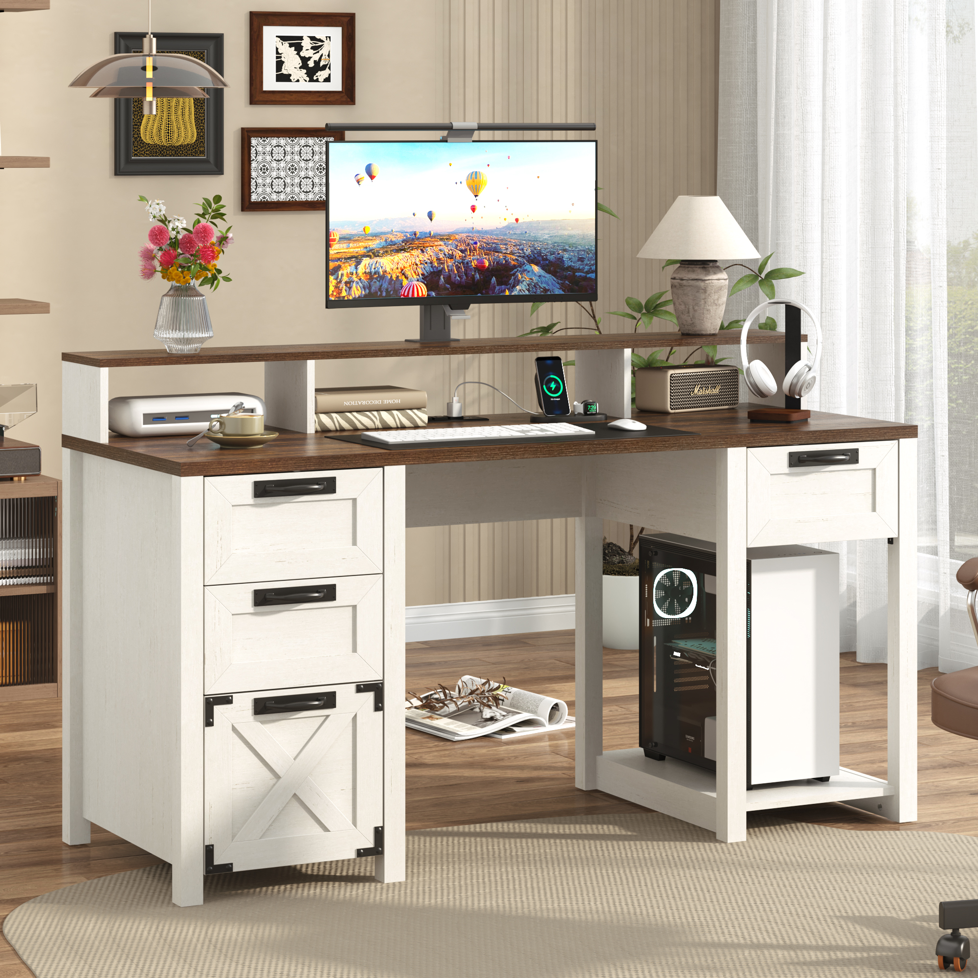 Blotout 59" LED Computer Desk with Power Outlets, Reversible Farmhouse Desk with Monitor Stand, Executive Desk with Drawers, Rustic Office Desk, Wood Desk for Office Home