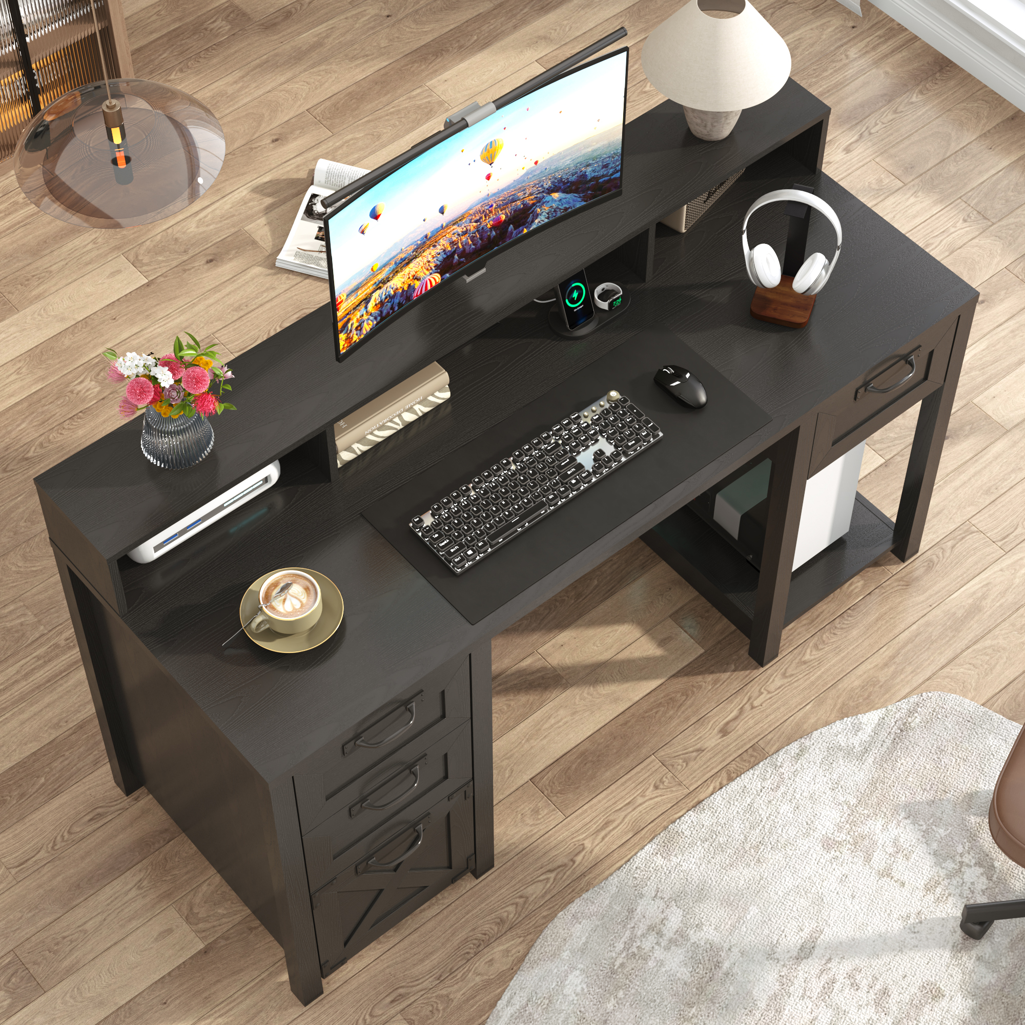 Blotout 59" LED Computer Desk with Power Outlets, Reversible Farmhouse Desk with Monitor Stand, Executive Desk with Drawers, Rustic Office Desk, Wood Desk for Office Home