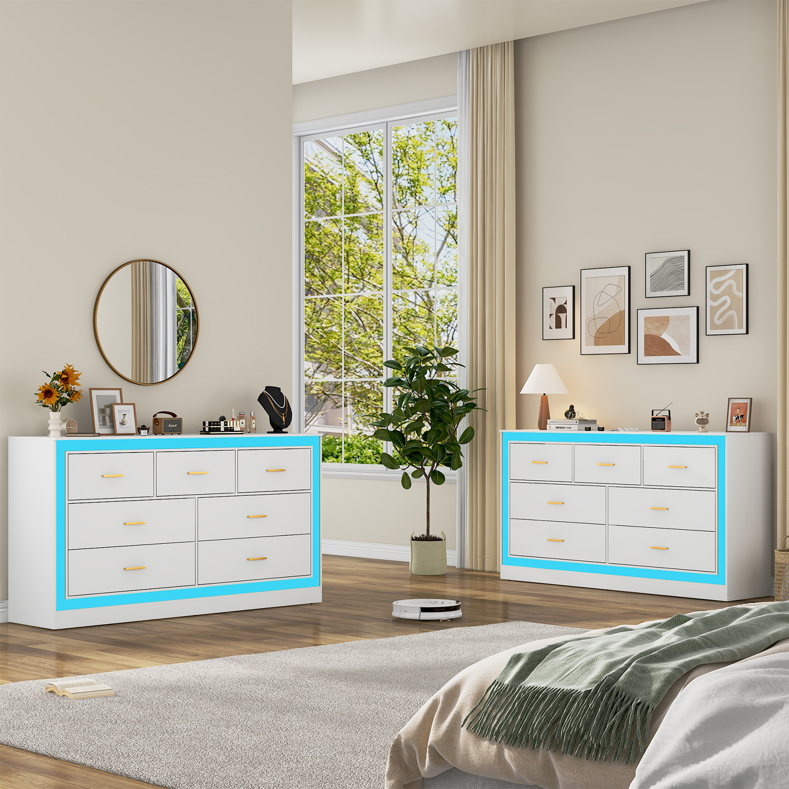 White Dresser for Bedroom, 63" Wood 7 Drawer Dresser with LED Light, Long Dressers & Chests of Drawers with Deep Drawers, 34" Tall Storage Cabinet for Bedroom, Living Room, Hallway