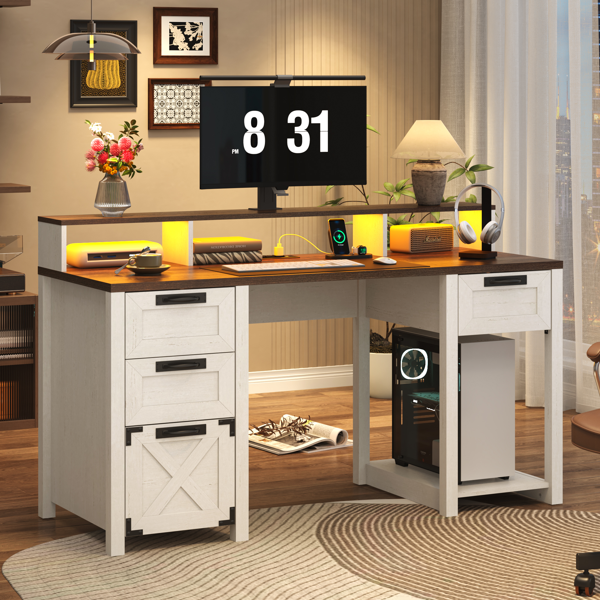 Blotout 59" LED Computer Desk with Power Outlets, Reversible Farmhouse Desk with Monitor Stand, Executive Desk with Drawers, Rustic Office Desk, Wood Desk for Office Home