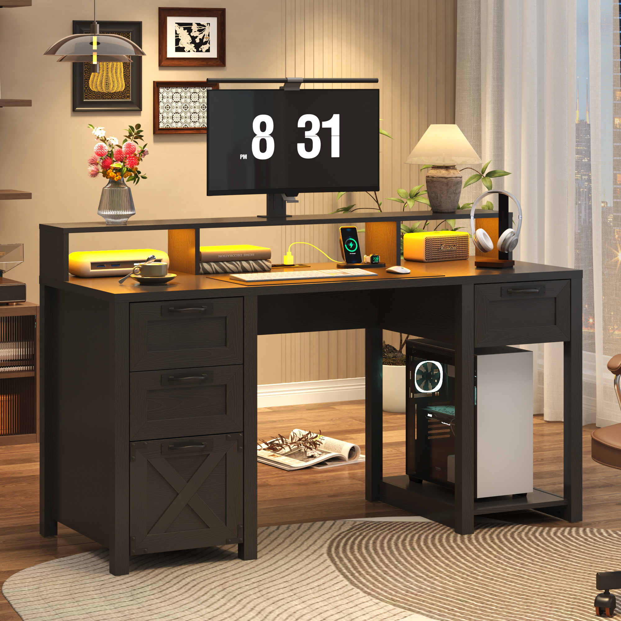 Blotout 59" LED Computer Desk with Power Outlets, Reversible Farmhouse Desk with Monitor Stand, Executive Desk with Drawers, Rustic Office Desk, Wood Desk for Office Home