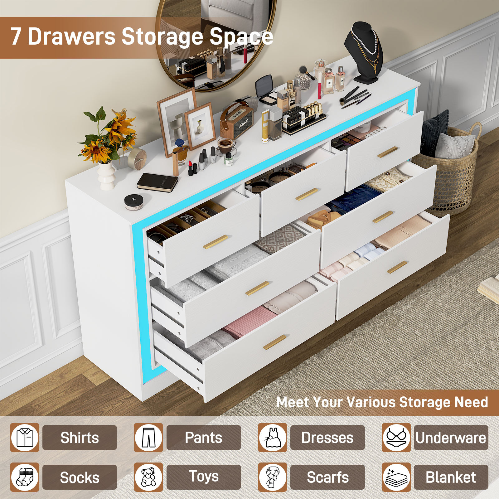 White Dresser for Bedroom, 63" Wood 7 Drawer Dresser with LED Light, Long Dressers & Chests of Drawers with Deep Drawers, 34" Tall Storage Cabinet for Bedroom, Living Room, Hallway