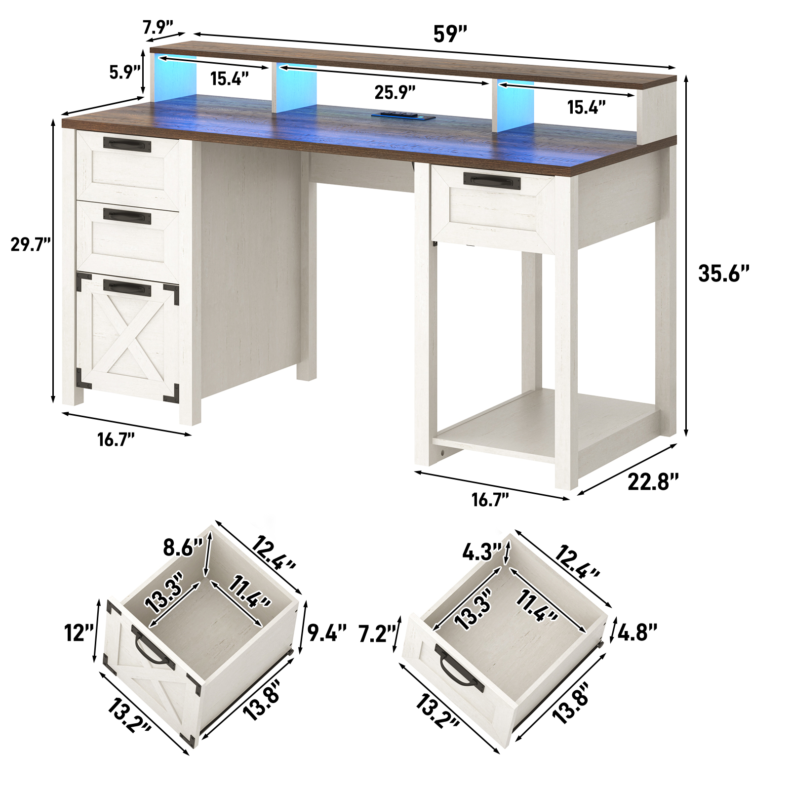 Blotout 59" LED Computer Desk with Power Outlets, Reversible Farmhouse Desk with Monitor Stand, Executive Desk with Drawers, Rustic Office Desk, Wood Desk for Office Home