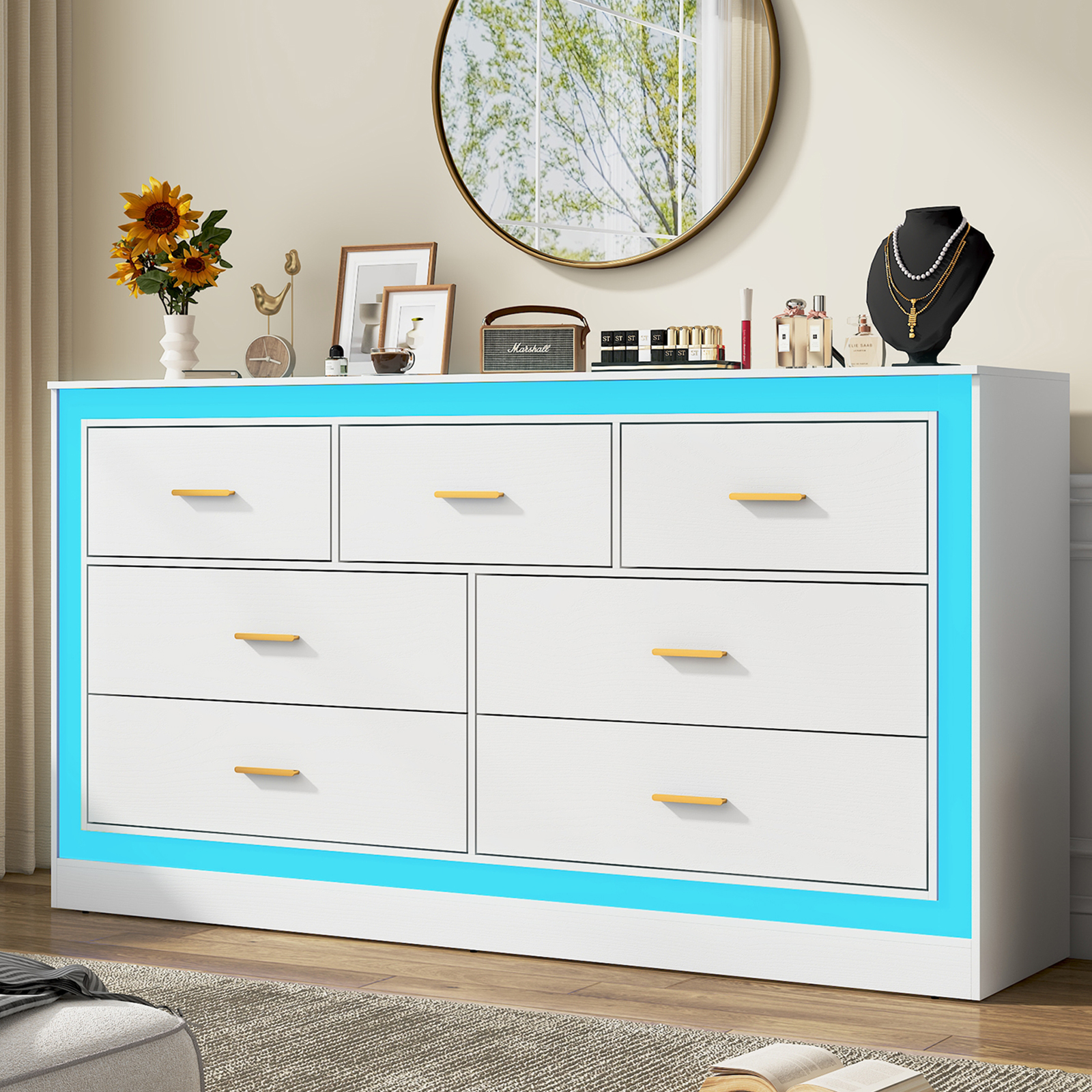  White Dresser for Bedroom, 63" Wood 7 Drawer Dresser with LED Light, Long Dressers & Chests of Drawers with Deep Drawers, 34" Tall Storage Cabinet for Bedroom, Living Room, Hallway