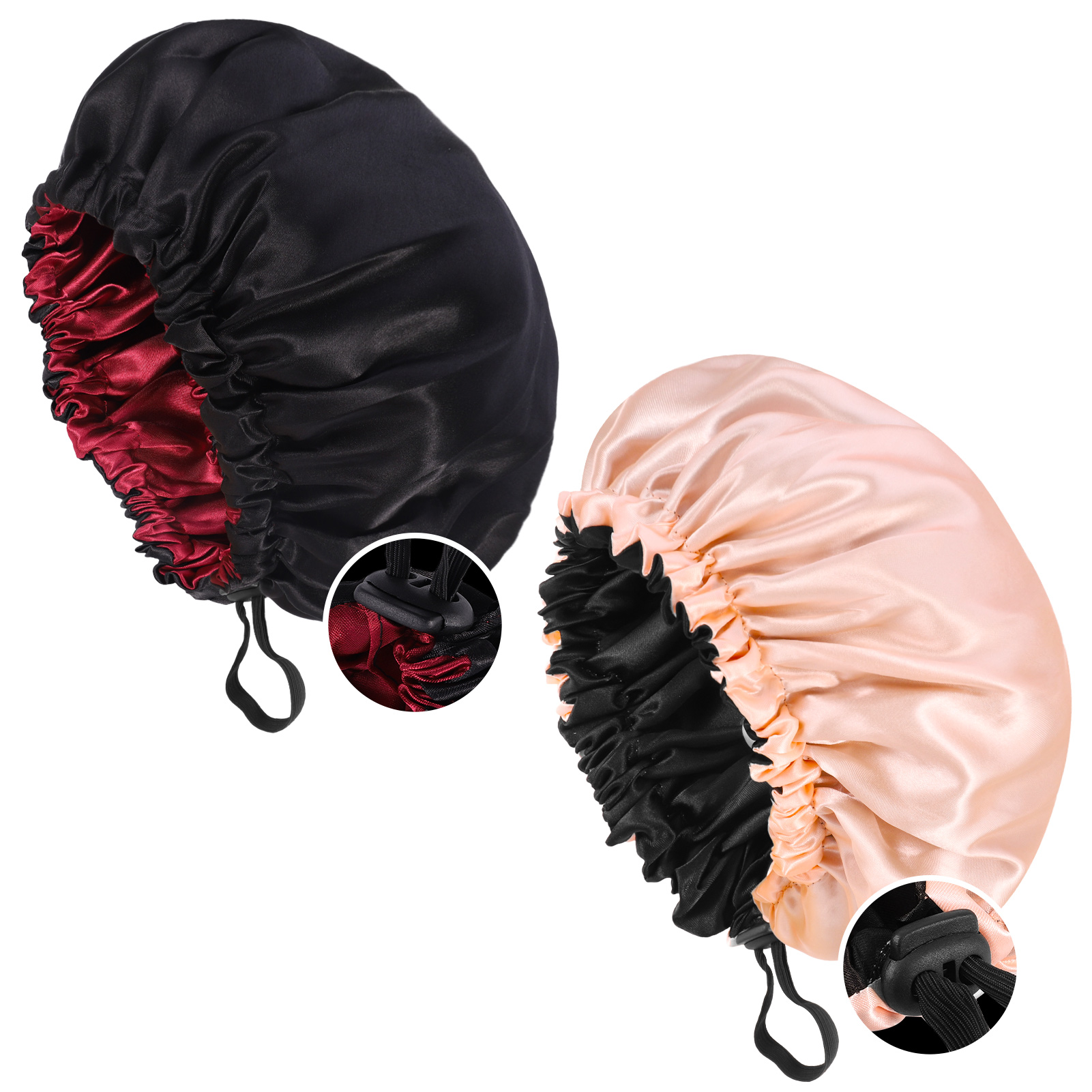 Topekada 2 Pack Satin Bonnet Silk Bonnet for Sleeping,Double Layer Adjustable Satin Bonnet for Natural and Curly Hair Silk Cap Hair Bonnet for Women Girls(Pink+Black)