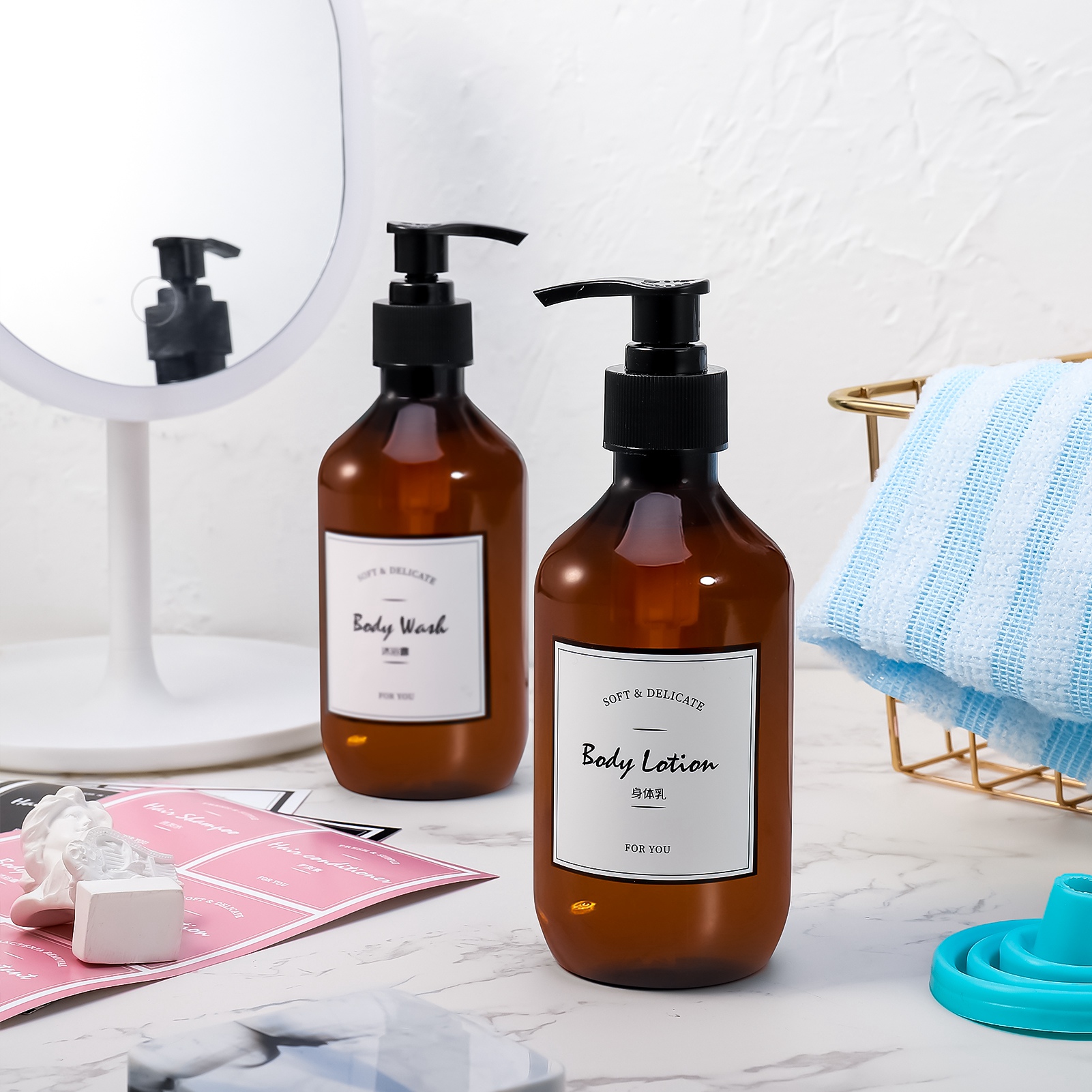 AOWOO 4 Packs Empty Pump Bottles, 16.9oz /500ml Shampoo Bottle Dispenser, Refillable Shampoo Bottles with Stickers Funnel, Reusable Squeeze Lotion Dispenser for Liquid Soap Bathroom