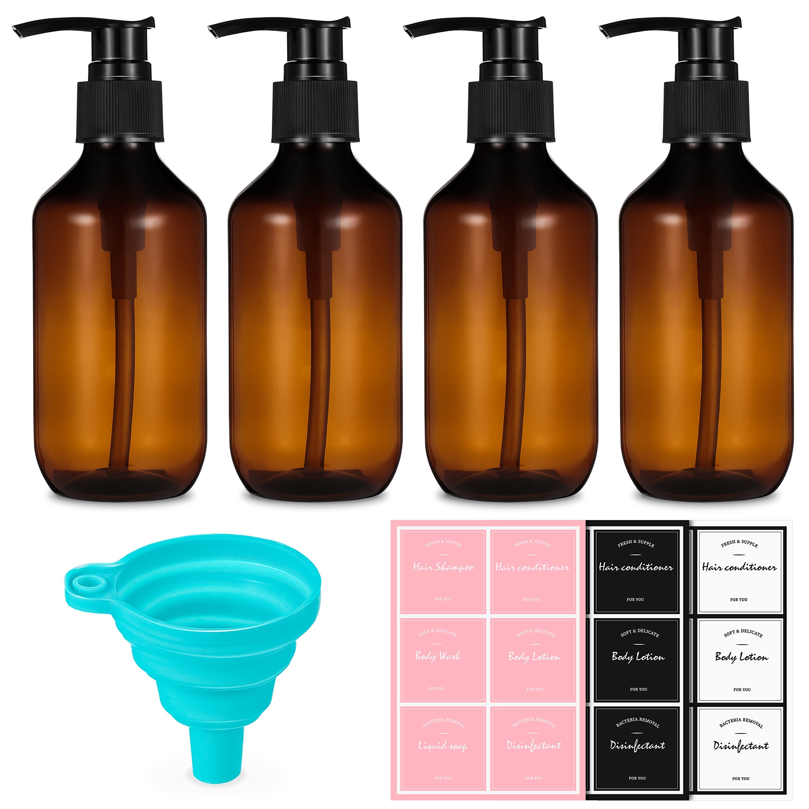 AOWOO 4 Packs Empty Pump Bottles, 16.9oz /500ml Shampoo Bottle Dispenser, Refillable Shampoo Bottles with Stickers Funnel, Reusable Squeeze Lotion Dispenser for Liquid Soap Bathroom