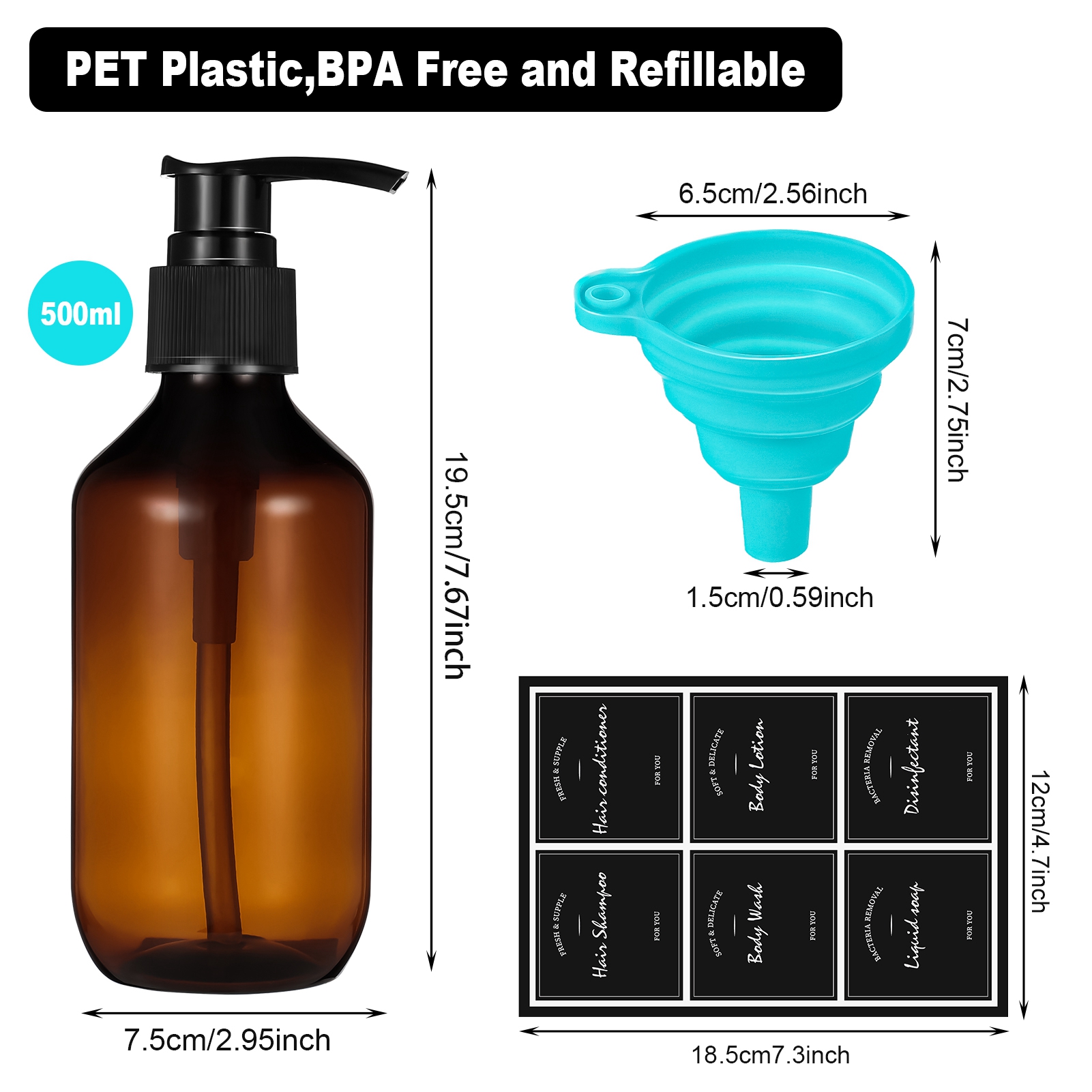 AOWOO 4 Packs Empty Pump Bottles, 16.9oz /500ml Shampoo Bottle Dispenser, Refillable Shampoo Bottles with Stickers Funnel, Reusable Squeeze Lotion Dispenser for Liquid Soap Bathroom