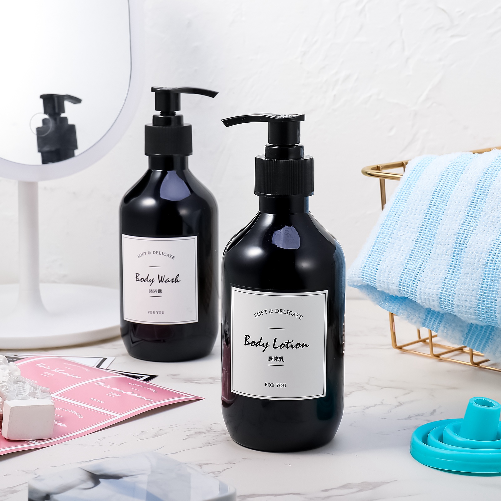 AOWOO 4 Packs Empty Pump Bottles, 16.9oz /500ml Shampoo Bottle Dispenser, Refillable Shampoo Bottles with Stickers Funnel, Reusable Squeeze Lotion Dispenser for Liquid Soap Bathroom