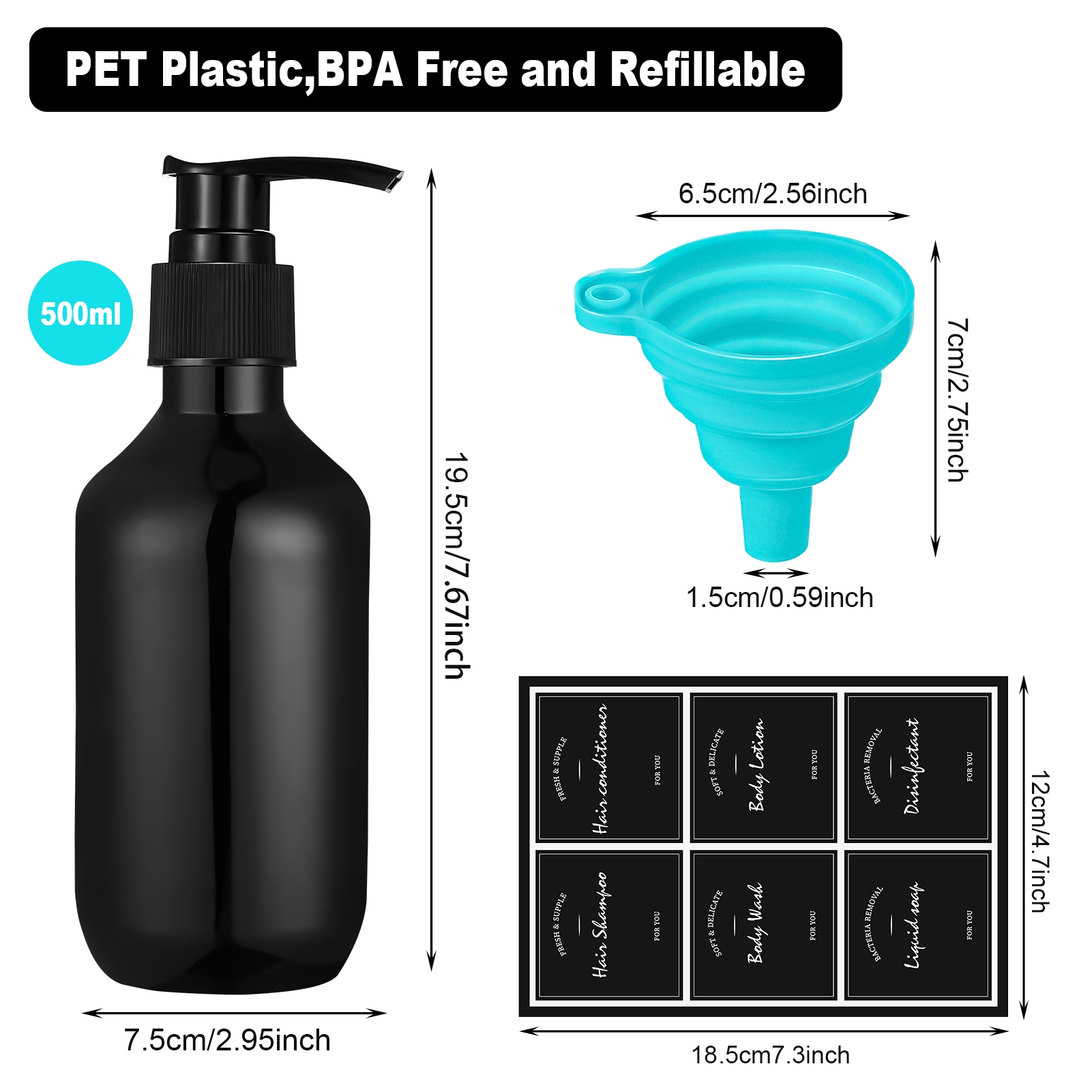 AOWOO 4 Packs Empty Pump Bottles, 16.9oz /500ml Shampoo Bottle Dispenser, Refillable Shampoo Bottles with Stickers Funnel, Reusable Squeeze Lotion Dispenser for Liquid Soap Bathroom