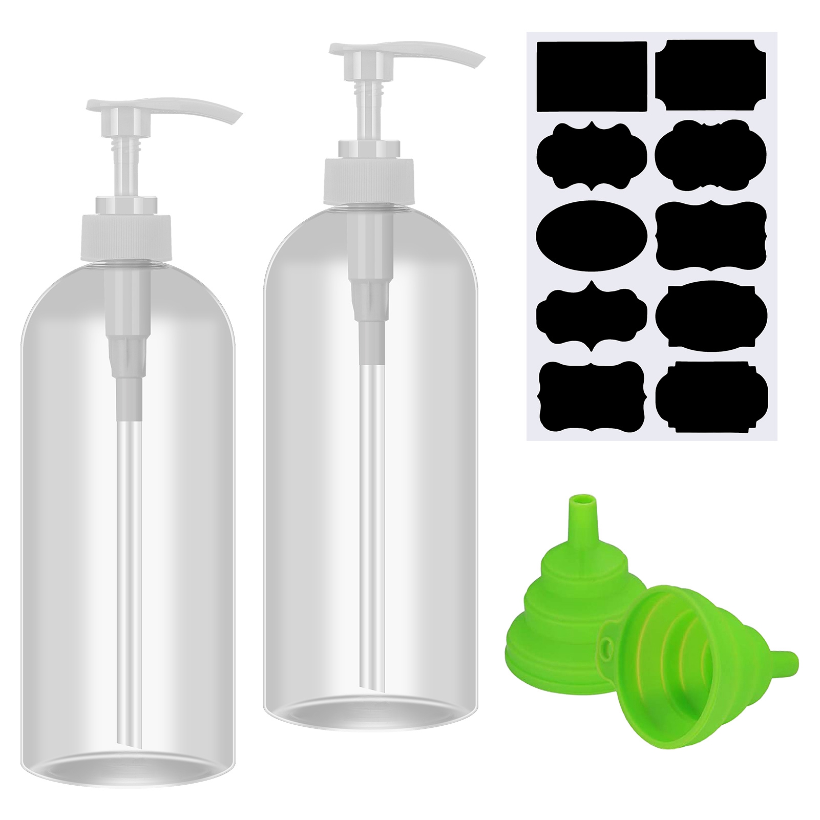 Abaima 2 Pack 32oz Empty Pump Bottle, 1000ml Shampoo And Conditioner Dispenser Bottle,1 Liter Refillable Clear Shower Soap Dispenser Bottle With Silicone Funnels And Labels