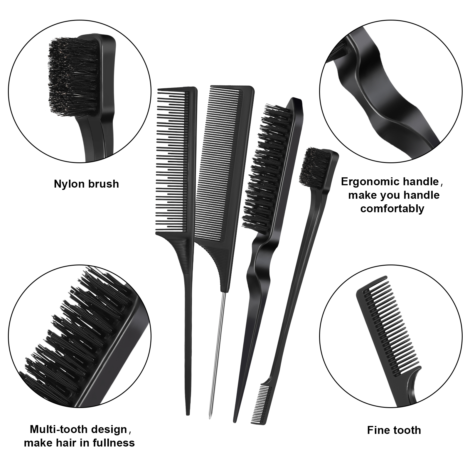 AOWOO 8Pcs Hair Styling Combs Set, Include Bristle Hair Brush, Grooming Comb, Sturdy Rat Tail Comb, for Women Girls Kids and Hair Stylists, Black