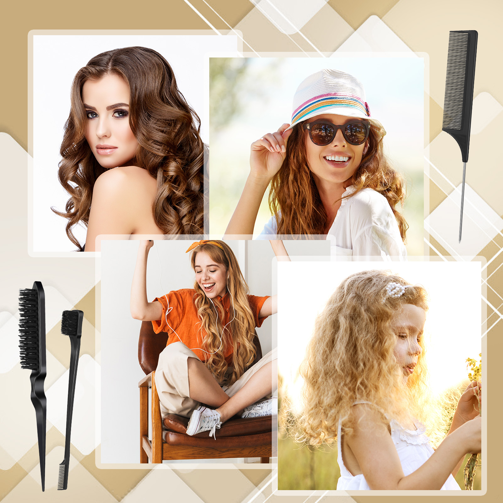 AOWOO 8Pcs Hair Styling Combs Set, Include Bristle Hair Brush, Grooming Comb, Sturdy Rat Tail Comb, for Women Girls Kids and Hair Stylists, Black