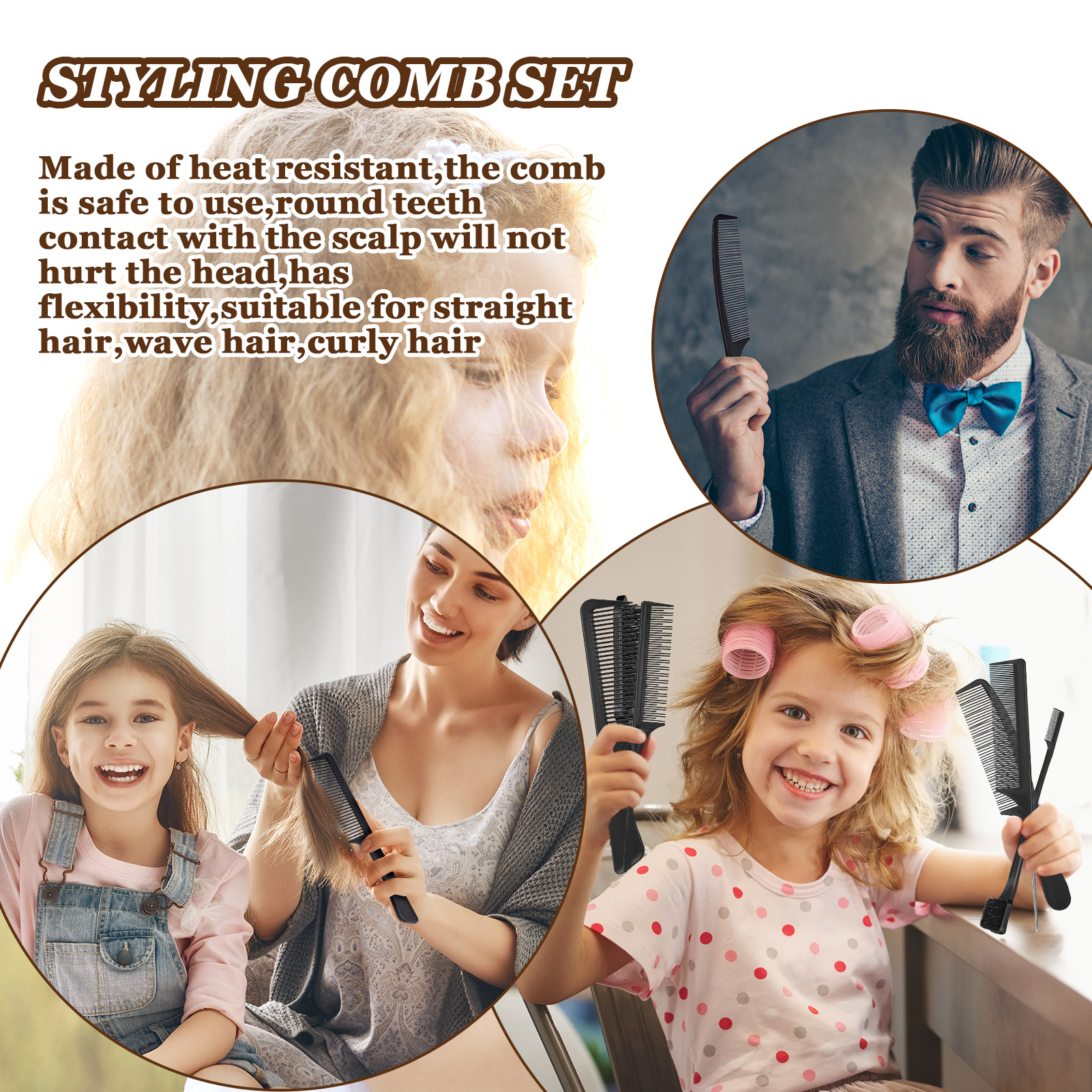 AOWOO 8Pcs Hair Styling Combs Set, Include Bristle Hair Brush, Grooming Comb, Sturdy Rat Tail Comb, for Women Girls Kids and Hair Stylists, Black