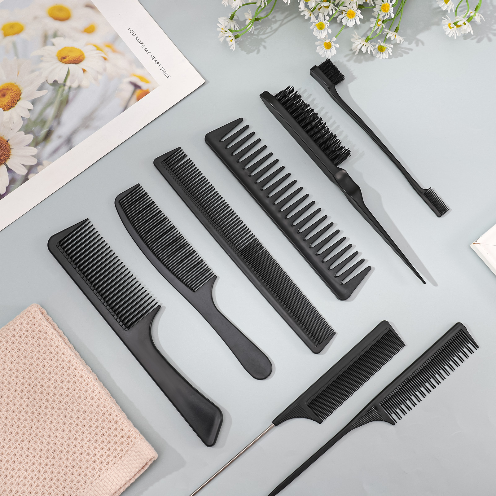 AOWOO 8Pcs Hair Styling Combs Set, Include Bristle Hair Brush, Grooming Comb, Sturdy Rat Tail Comb, for Women Girls Kids and Hair Stylists, Black