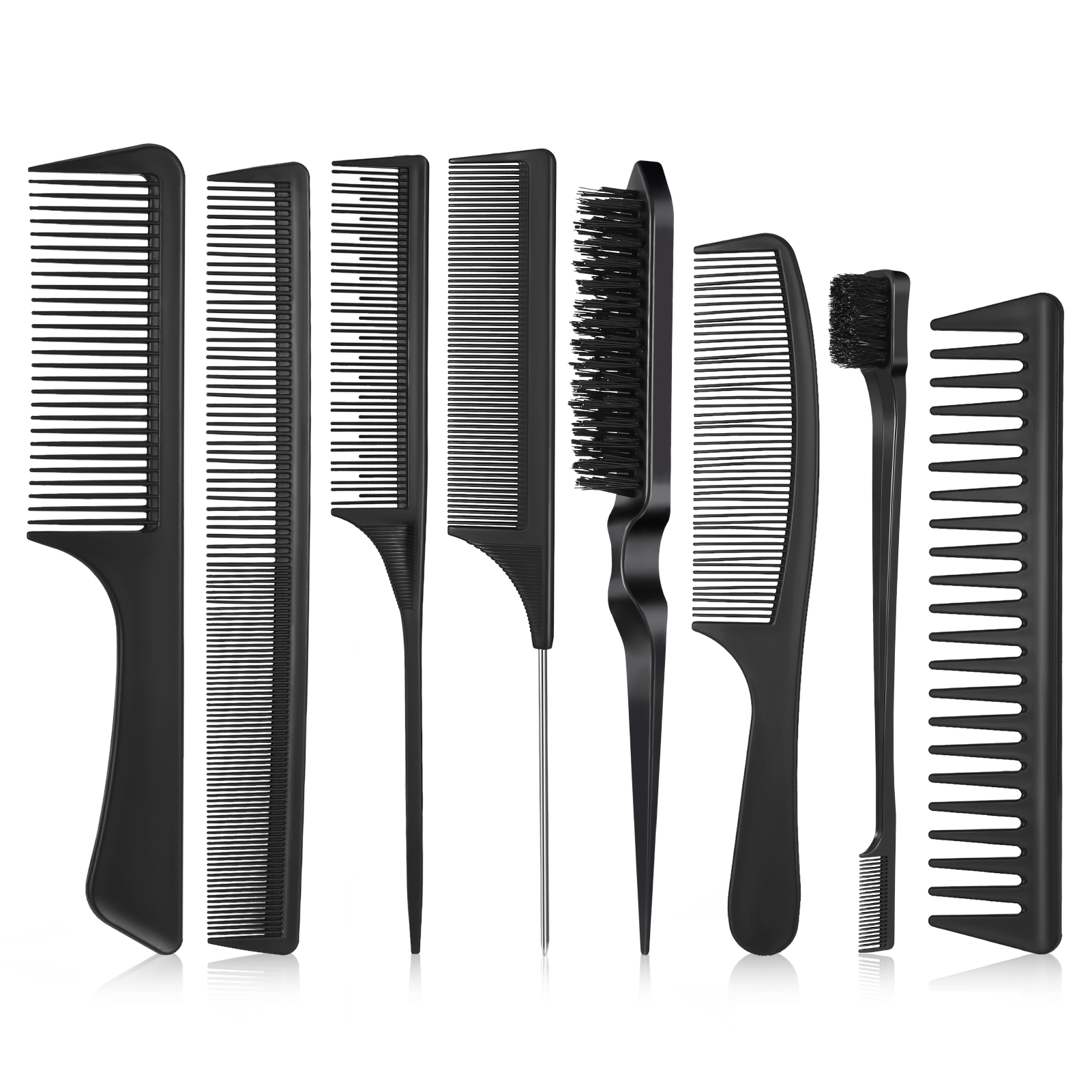 AOWOO 8Pcs Hair Styling Combs Set, Include Bristle Hair Brush, Grooming Comb, Sturdy Rat Tail Comb, for Women Girls Kids and Hair Stylists, Black