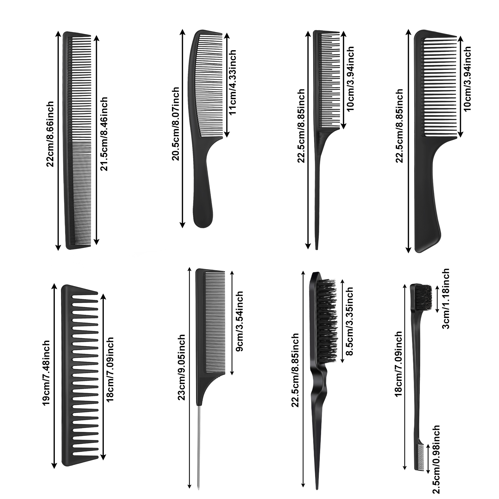 AOWOO 8Pcs Hair Styling Combs Set, Include Bristle Hair Brush, Grooming Comb, Sturdy Rat Tail Comb, for Women Girls Kids and Hair Stylists, Black