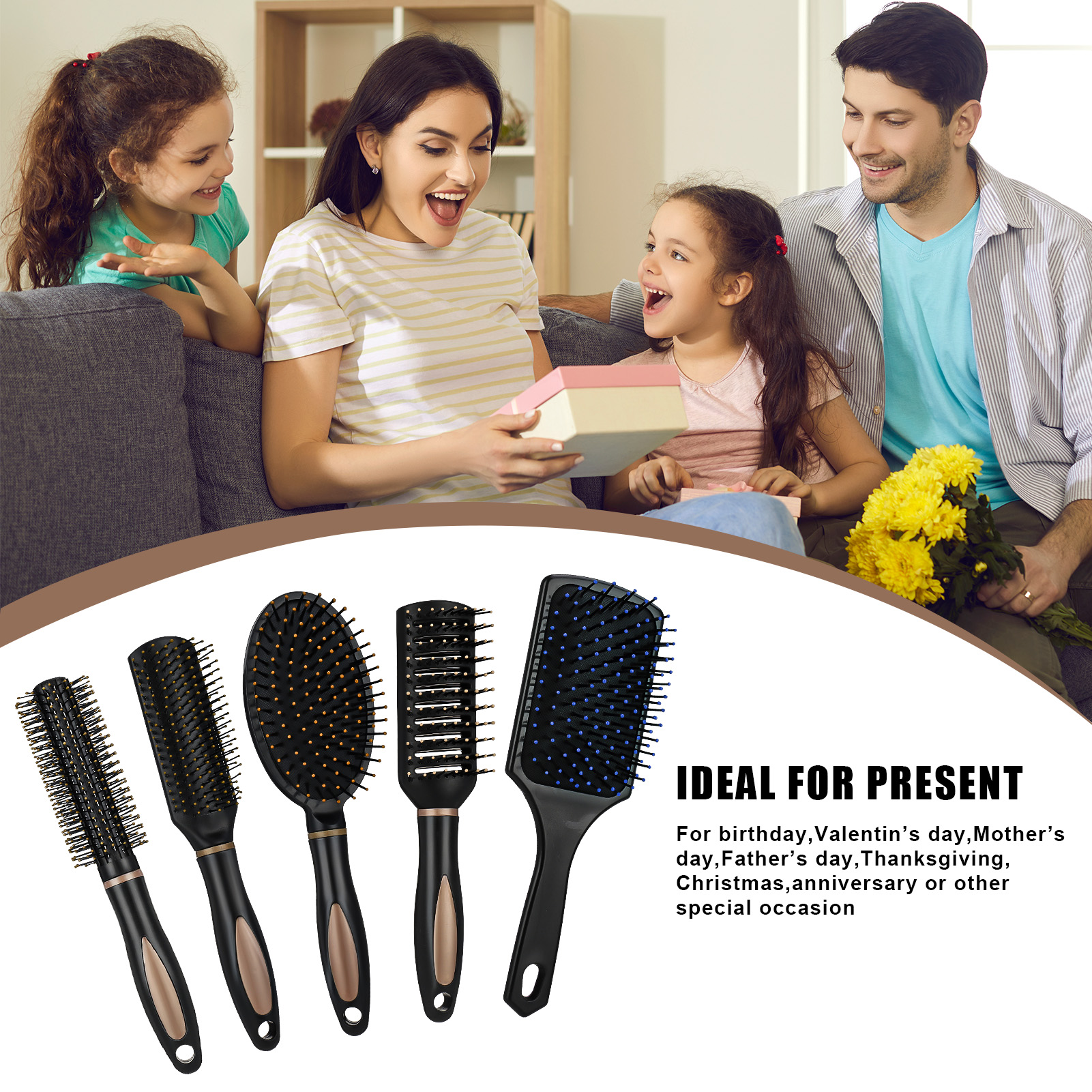 Topekada 5 Pcs Paddle Hair Brush Comb Set,Detangling Hairbrush Anti Static Massage Oval Comb Hair Styling Tools for Women Men Kid All Wet or Dry Hair(Black), round
