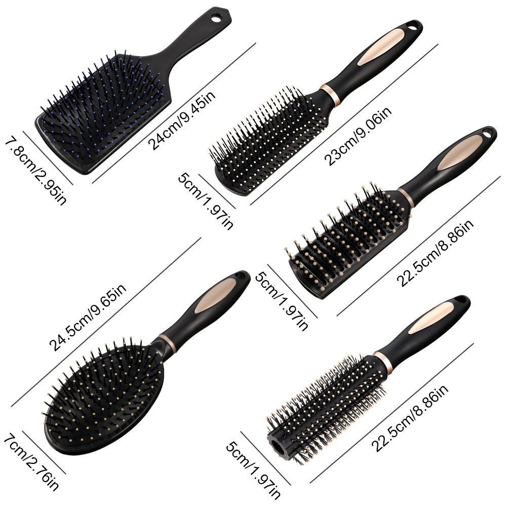 Topekada 5 Pcs Paddle Hair Brush Comb Set,Detangling Hairbrush Anti Static Massage Oval Comb Hair Styling Tools for Women Men Kid All Wet or Dry Hair(Black), round