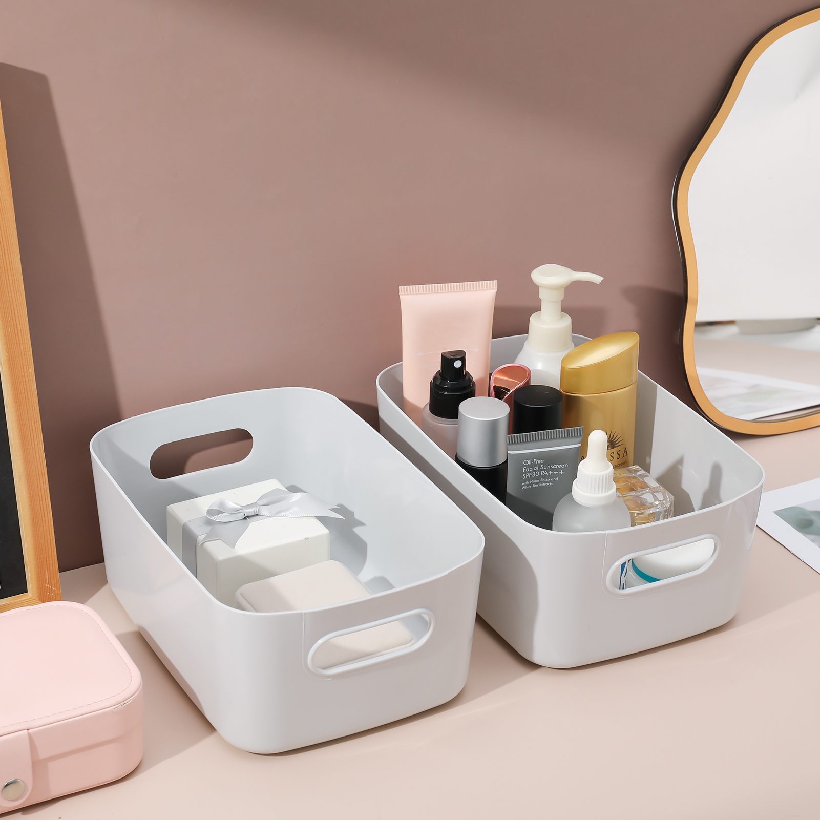 Hengguang 5 Pack Plastic Storage Boxes, Grey Storage Baskets Home Tidy Open Storage Bins with Handles, Rectangular Storage Basket for Kitchen, Cupboard, Office, Bathroom