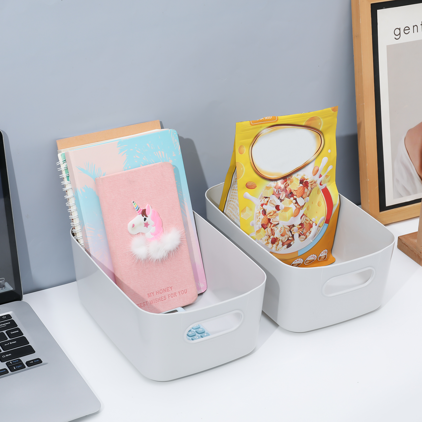 Hengguang 5 Pack Plastic Storage Boxes, Grey Storage Baskets Home Tidy Open Storage Bins with Handles, Rectangular Storage Basket for Kitchen, Cupboard, Office, Bathroom