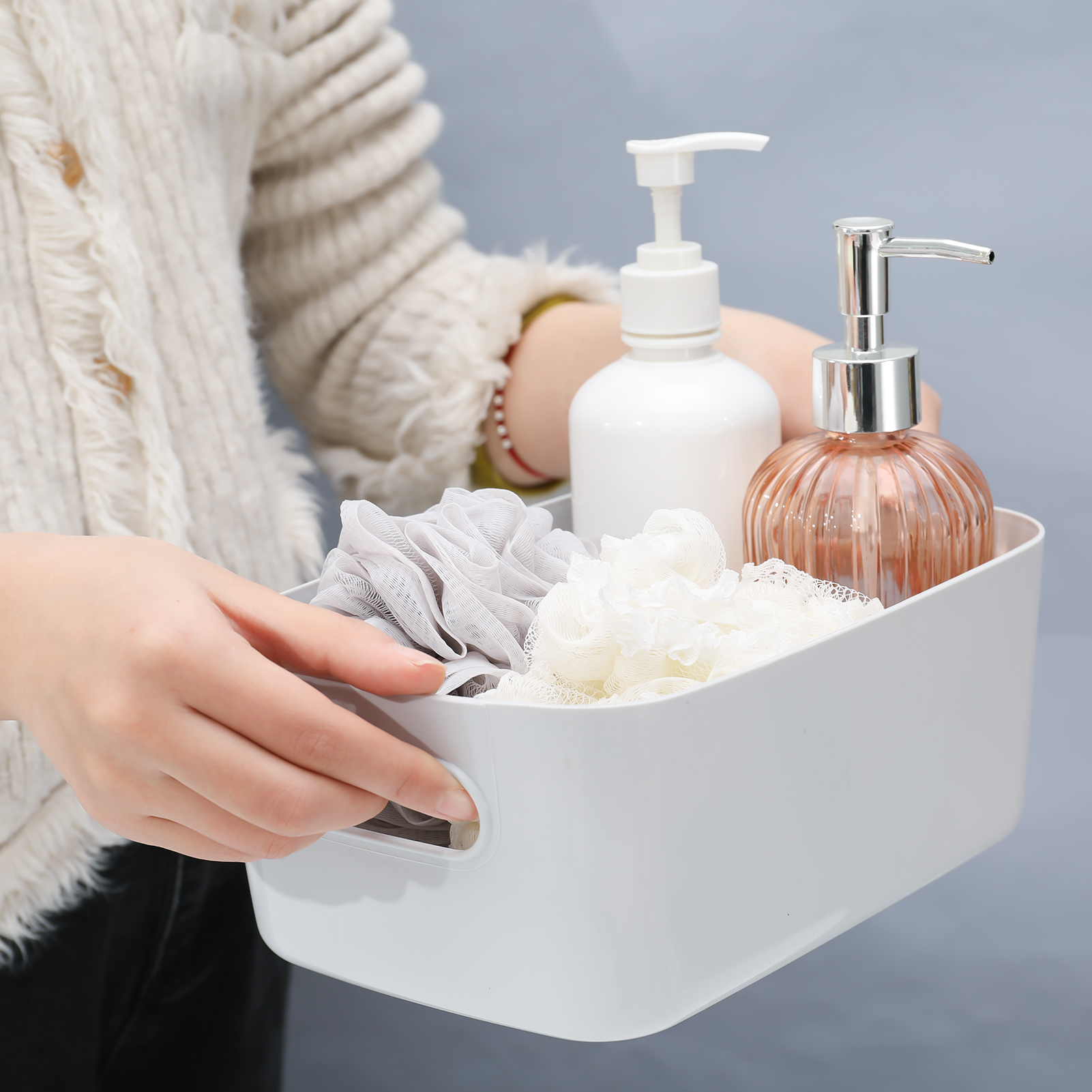 Hengguang 5 Pack Plastic Storage Boxes, Grey Storage Baskets Home Tidy Open Storage Bins with Handles, Rectangular Storage Basket for Kitchen, Cupboard, Office, Bathroom