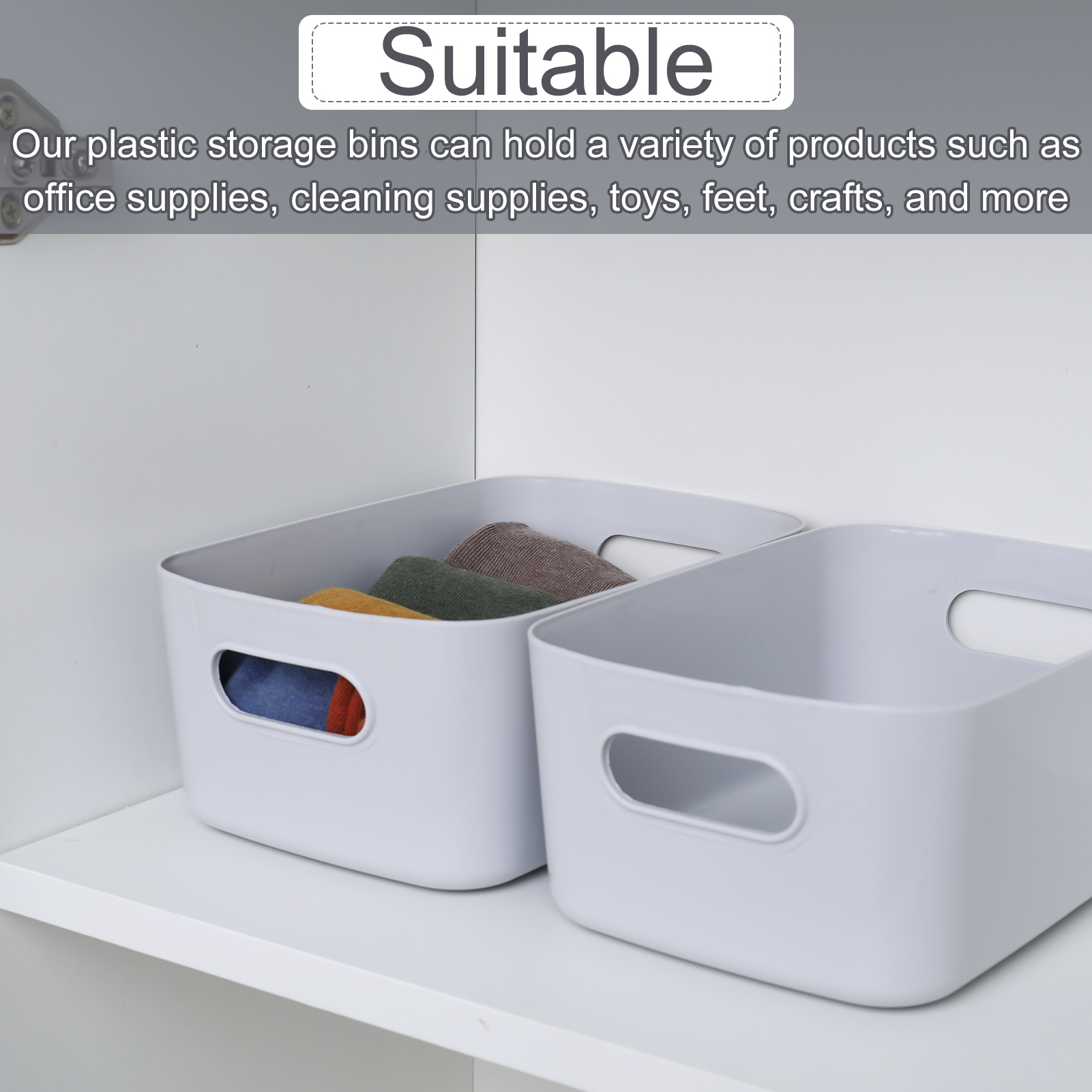 Hengguang 5 Pack Plastic Storage Boxes, Grey Storage Baskets Home Tidy Open Storage Bins with Handles, Rectangular Storage Basket for Kitchen, Cupboard, Office, Bathroom