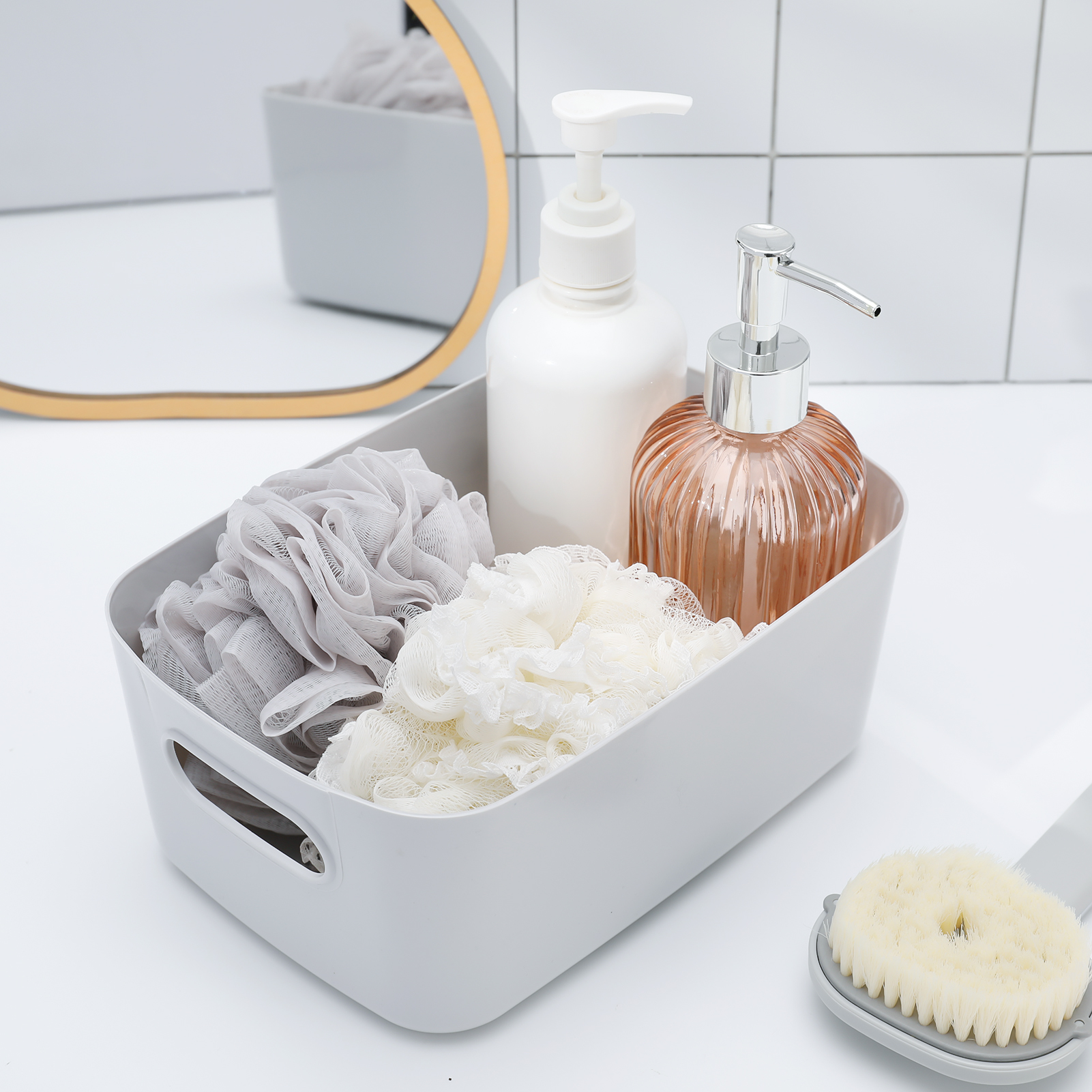 Hengguang 5 Pack Plastic Storage Boxes, Grey Storage Baskets Home Tidy Open Storage Bins with Handles, Rectangular Storage Basket for Kitchen, Cupboard, Office, Bathroom