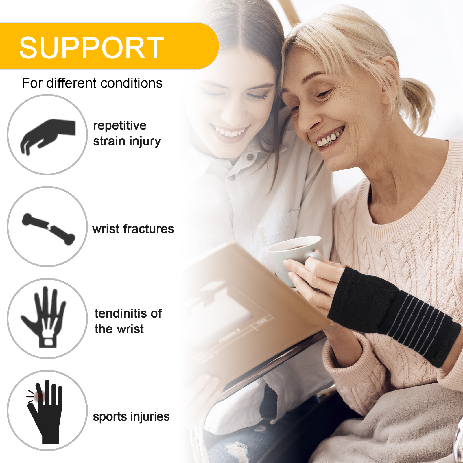 sixwipe 4 Pcs Wrist Brace for Carpal Tunnel, Wrist Support with Adjustable Elastic Strap for Left and Right Hand, Hand Wraps for Carpal Tunnel, Arthritis, Tendonitis Pain Relief