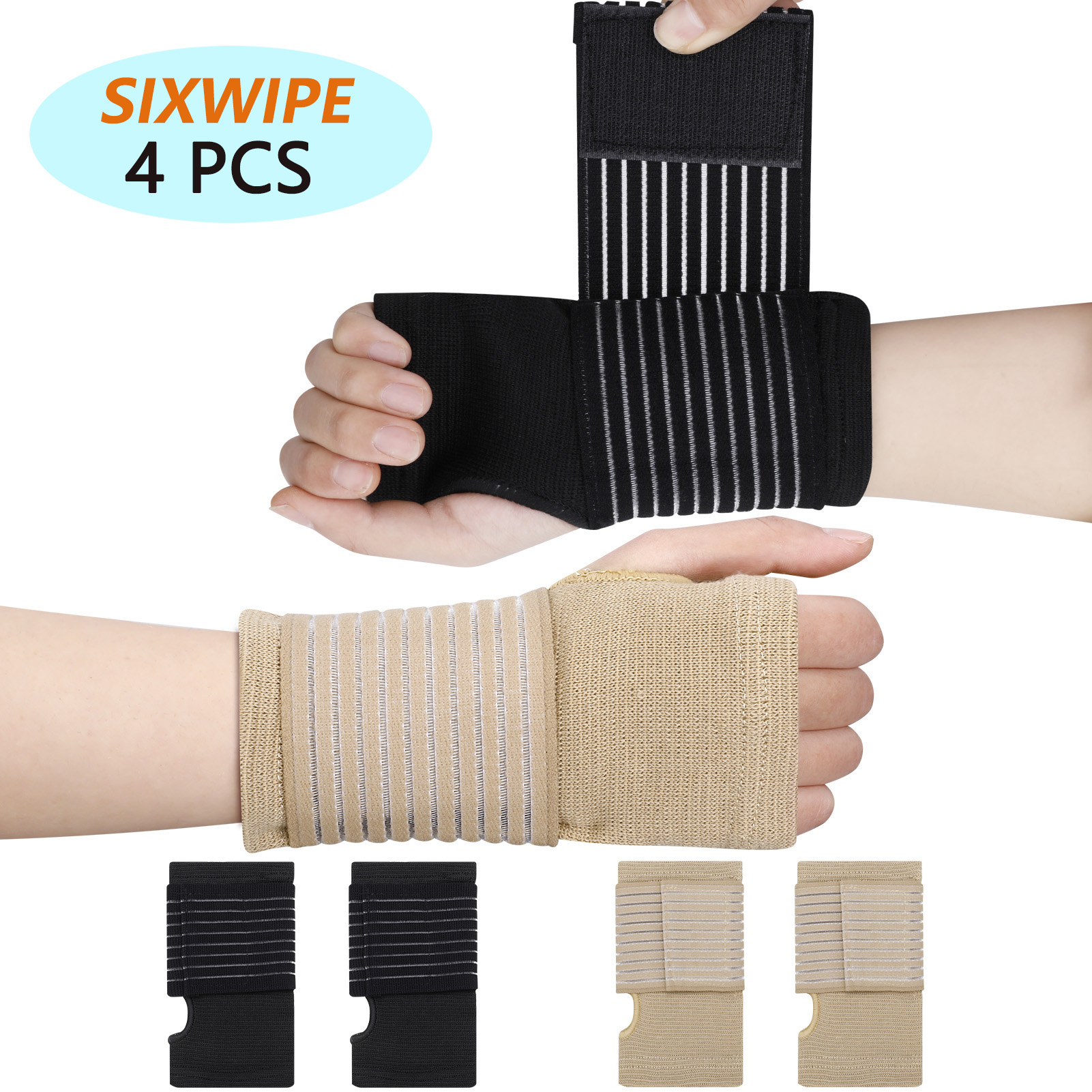sixwipe 4 Pcs Wrist Brace for Carpal Tunnel, Wrist Support with Adjustable Elastic Strap for Left and Right Hand, Hand Wraps for Carpal Tunnel, Arthritis, Tendonitis Pain Relief