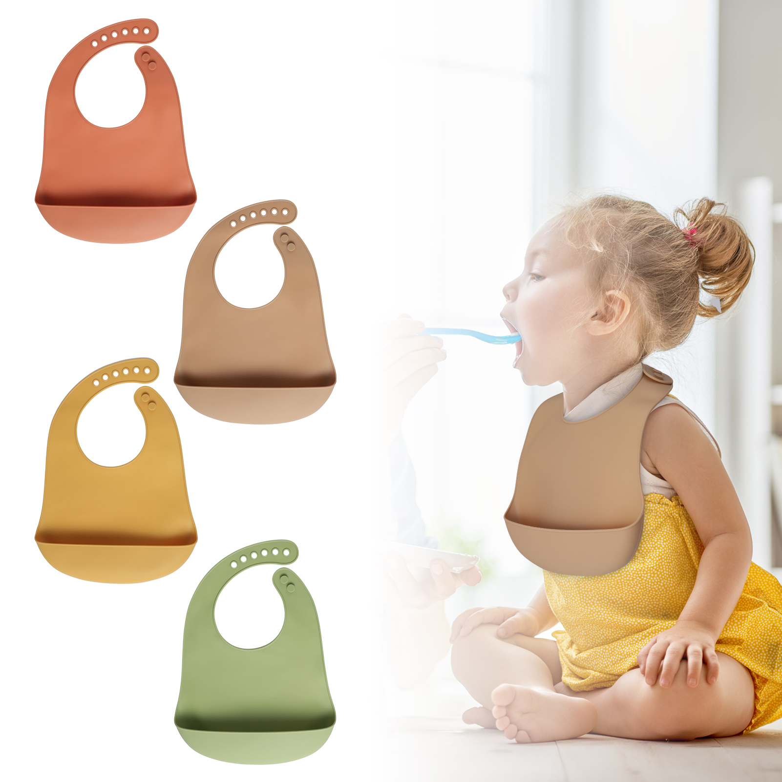 Hengguang 4Pcs Silicone Baby Bibs, Soft Waterproof Feeding Bibs with Food Catcher Pocket, BPA Free Adjustable Bibs for Baby Boy and Girl(Yellow)