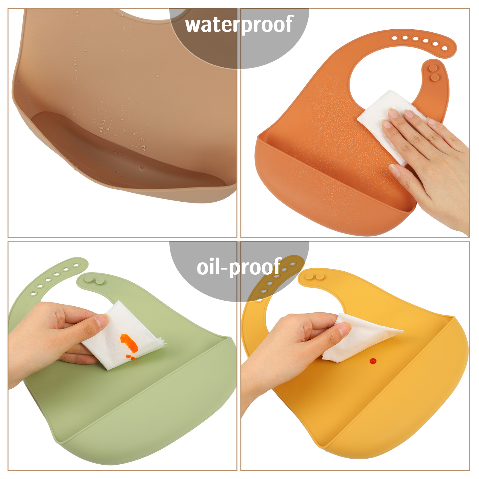 Hengguang 4Pcs Silicone Baby Bibs, Soft Waterproof Feeding Bibs with Food Catcher Pocket, BPA Free Adjustable Bibs for Baby Boy and Girl(Yellow)