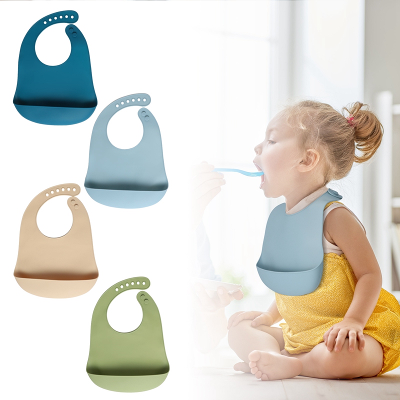 Hengguang 4Pcs Silicone Baby Bibs, Soft Waterproof Feeding Bibs with Food Catcher Pocket, BPA Free Adjustable Bibs for Baby Boy and Girl(Blue)