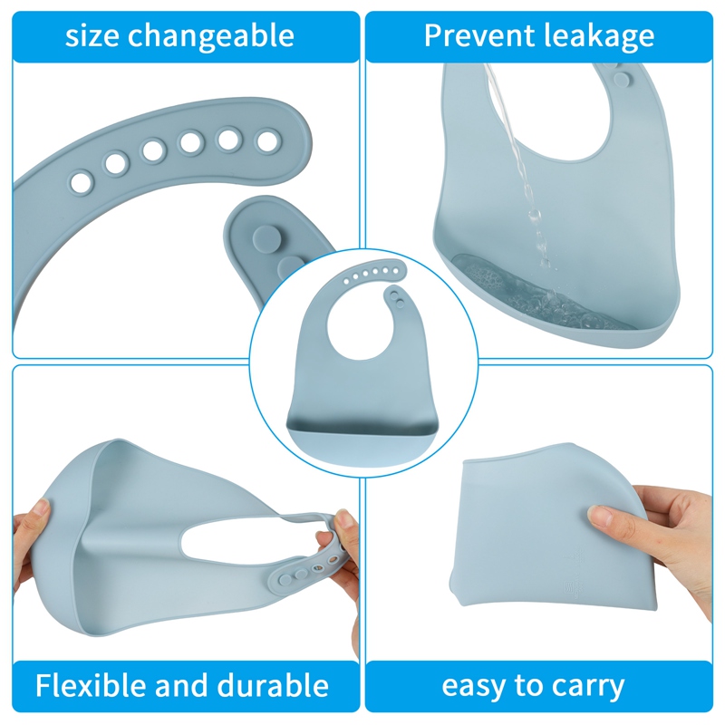 Hengguang 4Pcs Silicone Baby Bibs, Soft Waterproof Feeding Bibs with Food Catcher Pocket, BPA Free Adjustable Bibs for Baby Boy and Girl(Blue)