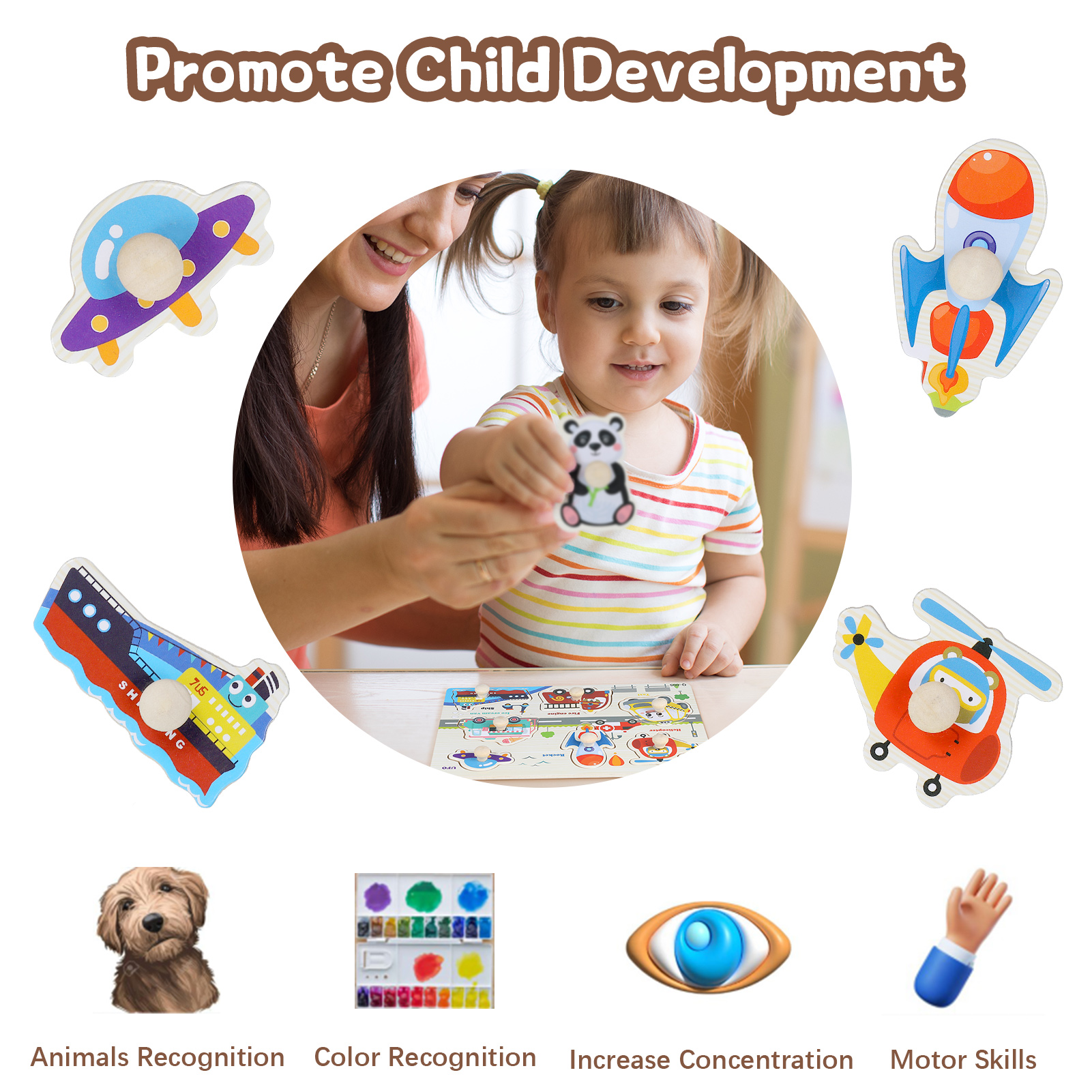 Armscye Wooden Peg Puzzles for Toddlers, 6 Pack 9 x 6 Inch Preschool Educational Learning Puzzle Toys for Kids Age 2, 3, 4 - Animals, Dinosaurs, Ocean, Vehicles, Farms, Numbers