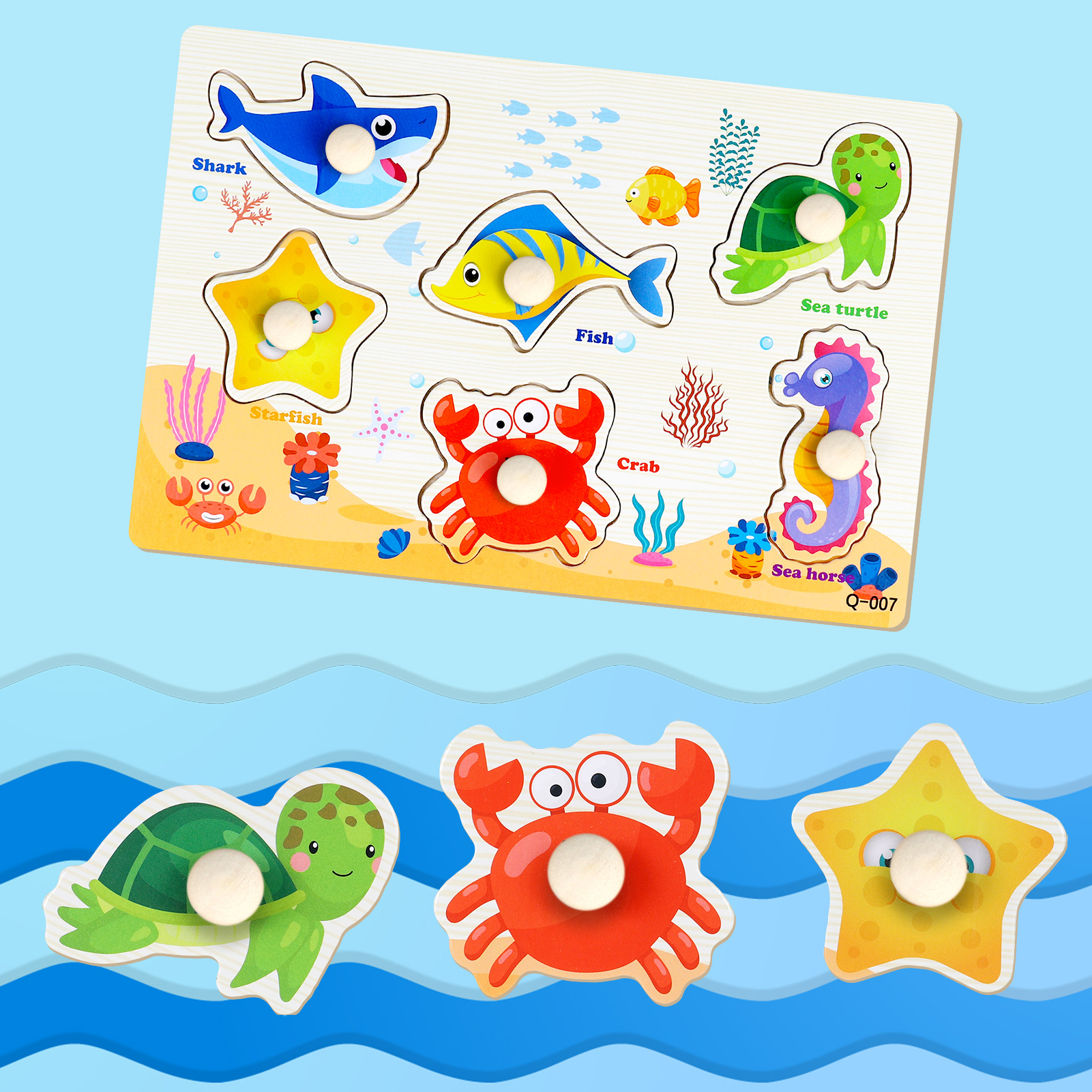 Armscye Wooden Peg Puzzles for Toddlers, 6 Pack 9 x 6 Inch Preschool Educational Learning Puzzle Toys for Kids Age 2, 3, 4 - Animals, Dinosaurs, Ocean, Vehicles, Farms, Numbers