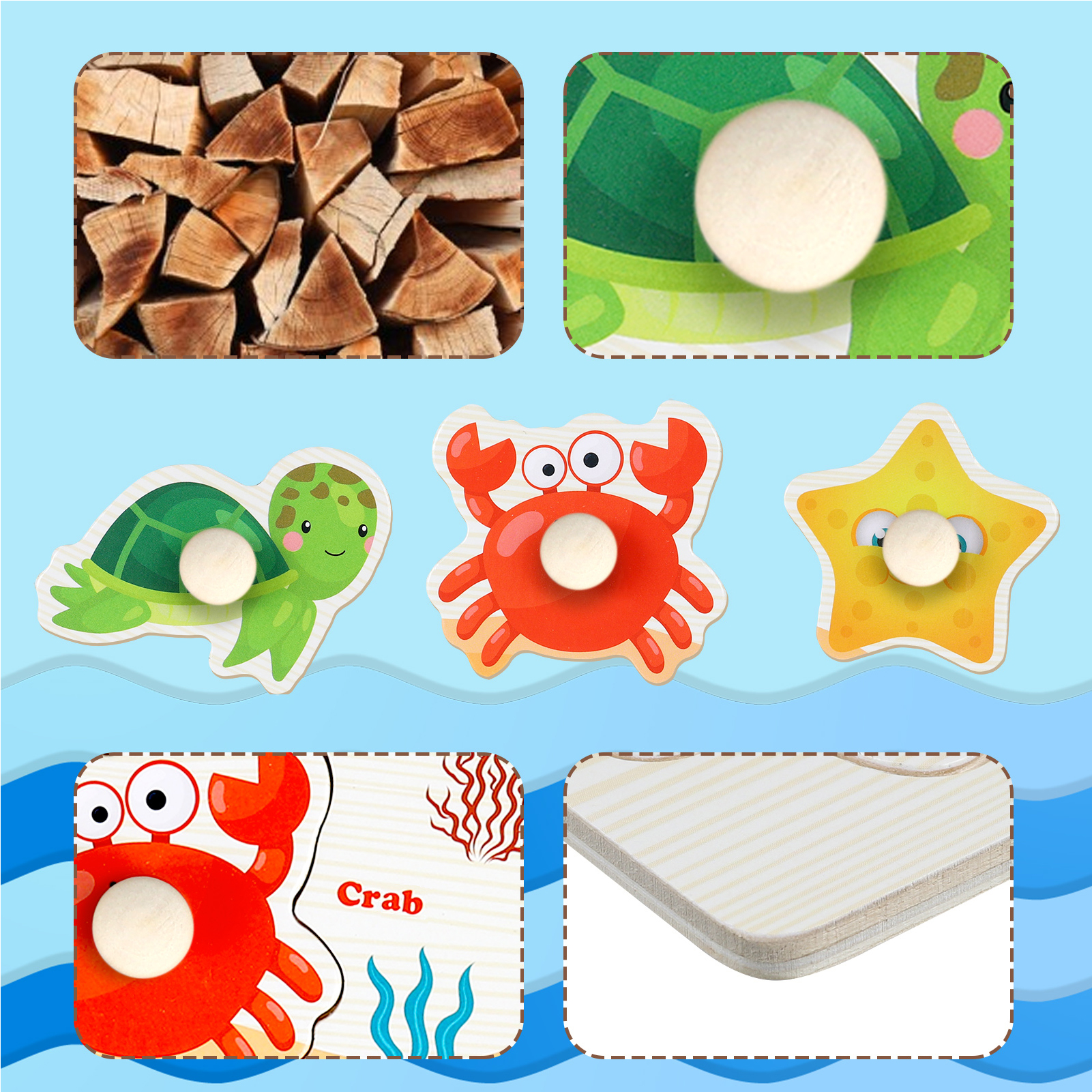 Armscye Wooden Peg Puzzles for Toddlers, 6 Pack 9 x 6 Inch Preschool Educational Learning Puzzle Toys for Kids Age 2, 3, 4 - Animals, Dinosaurs, Ocean, Vehicles, Farms, Numbers