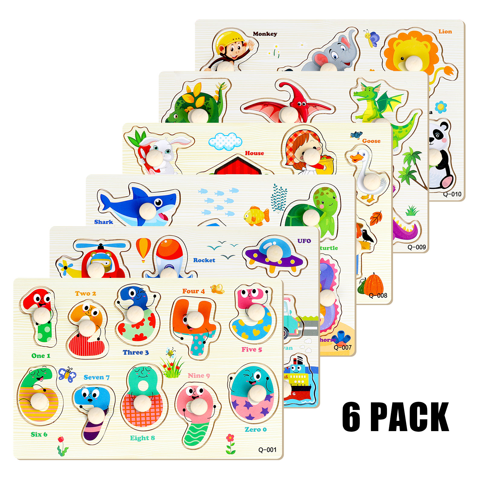 Armscye Wooden Peg Puzzles for Toddlers, 6 Pack 9 x 6 Inch Preschool Educational Learning Puzzle Toys for Kids Age 2, 3, 4 - Animals, Dinosaurs, Ocean, Vehicles, Farms, Numbers