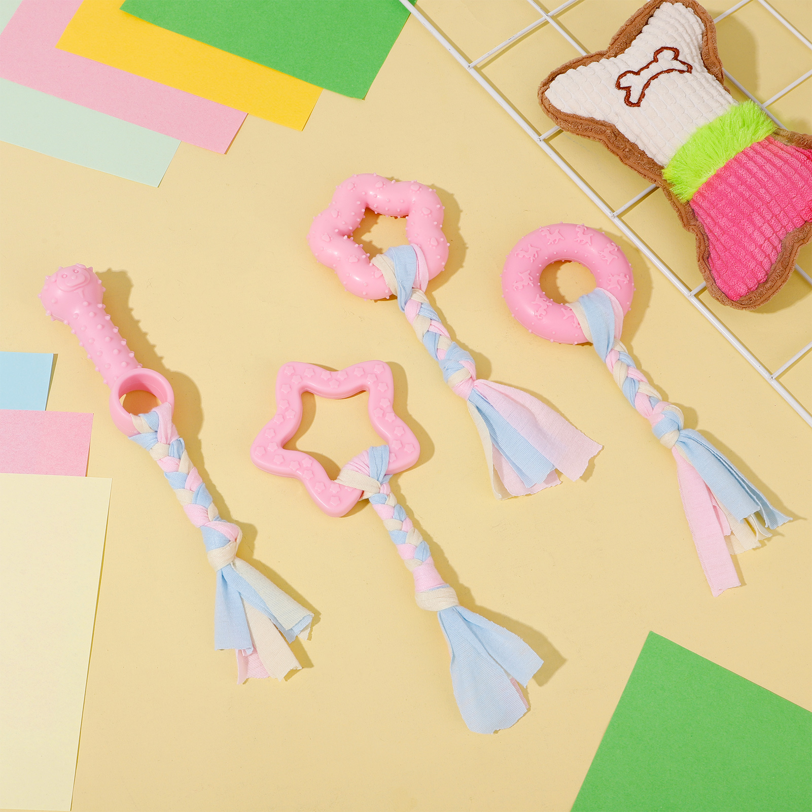 Armscye 5 Pack Puppy Chew Toys for Teething Small Dogs, Pink Rubber Puppy Teething Toys Plush Squeaky Dog Toys for Cleaning Teeth Interactive Pet Doggy Bone Toys