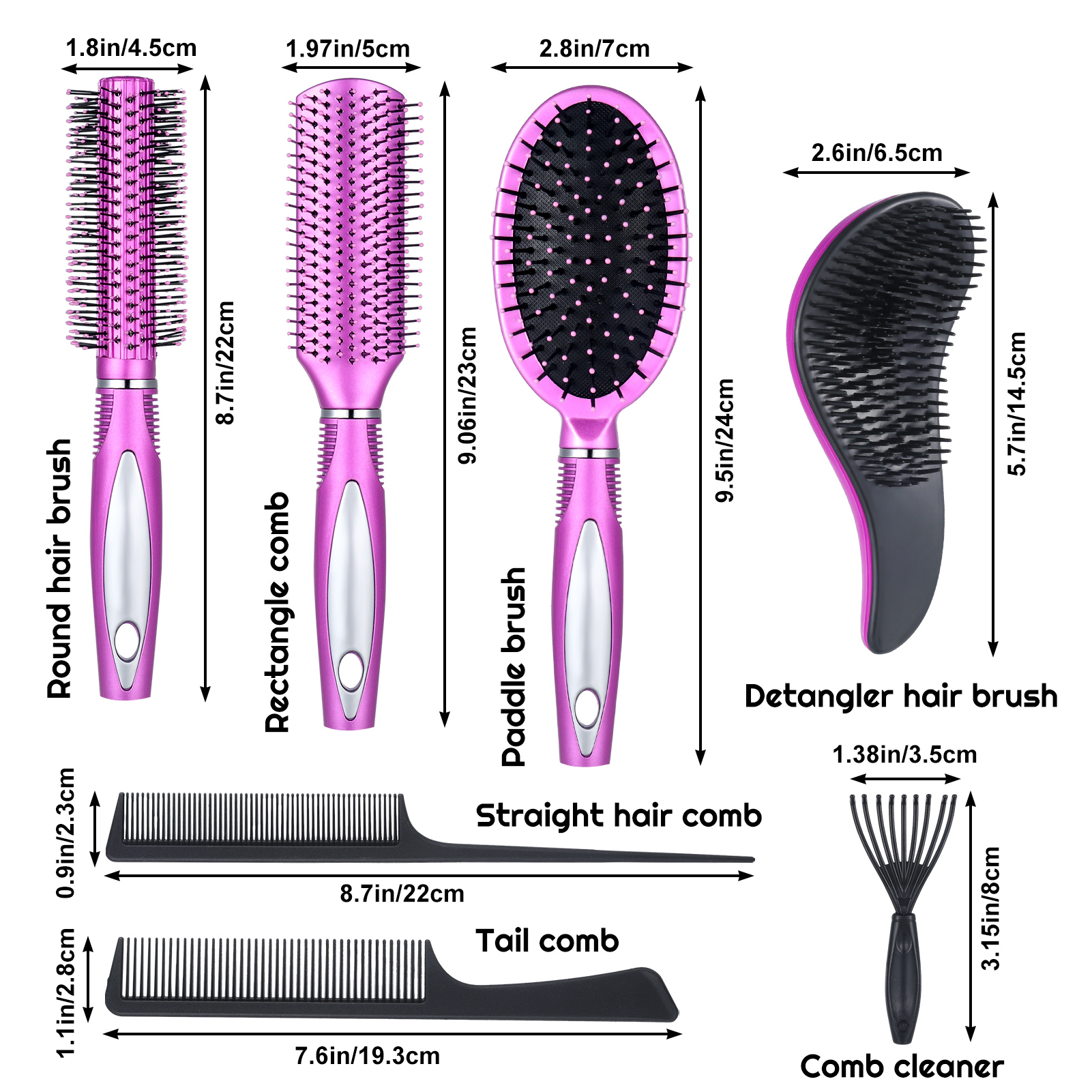 Abaima 7 Pcs Hair Brush and Comb Set Round Brush Paddle Brush Detangle Hair Brush and Combs Wet Dry Brush for Women Men Hair Styling(Purple 7)