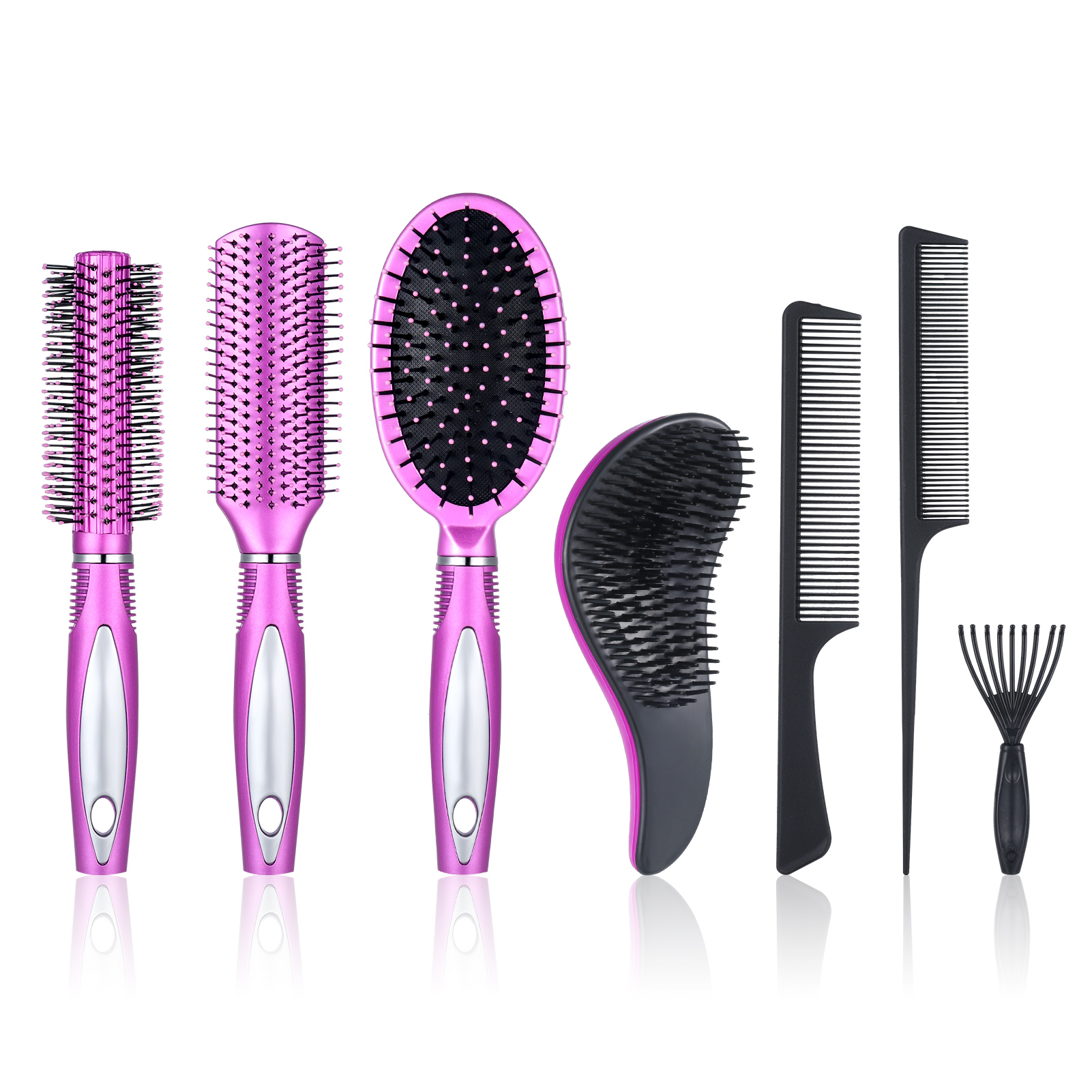 Abaima 7 Pcs Hair Brush and Comb Set Round Brush Paddle Brush Detangle Hair Brush and Combs Wet Dry Brush for Women Men Hair Styling(Purple 7)
