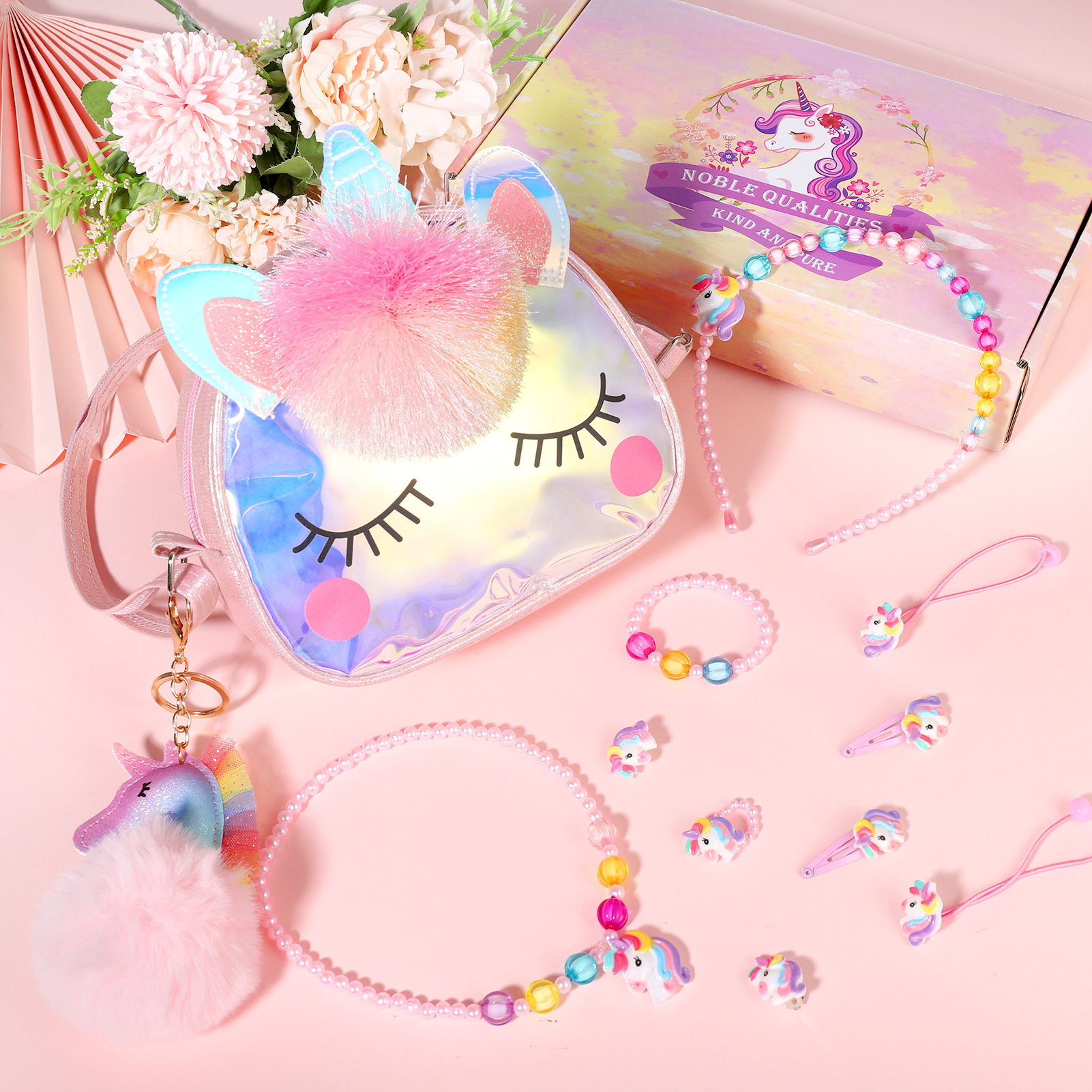 Armscye 12 Pcs Little Girl Unicorn Purse Set, Cute Unicorn Gifts for Girl, with Kawaii Unicorn Dress Up Jewelry, Adjustable Crossbody Bag with Unicorn Gift Box for Girl, Kid, Teenager