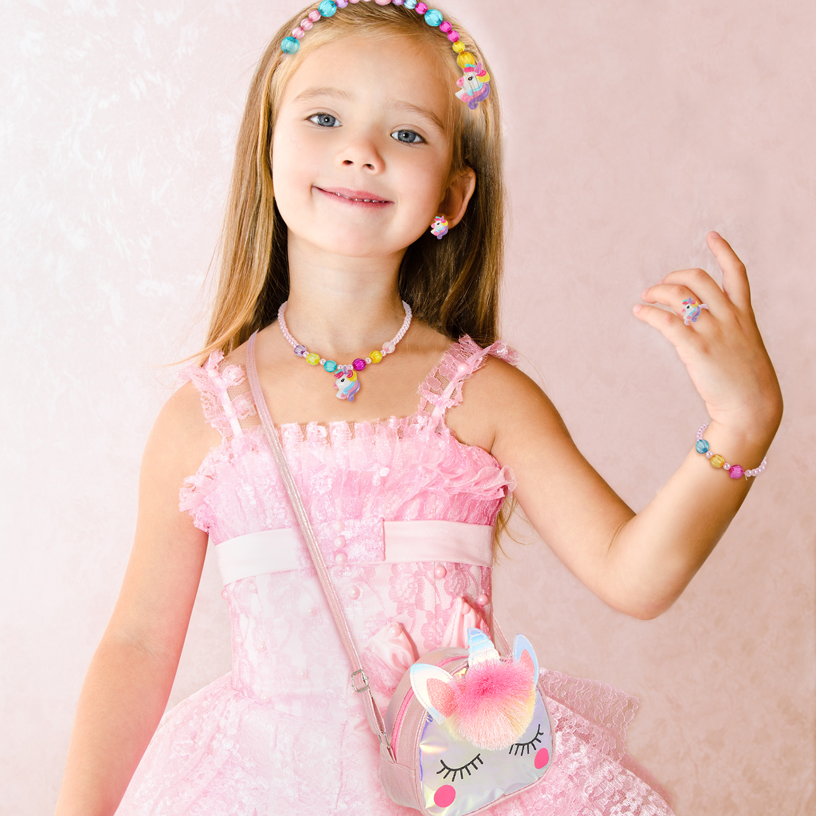 Armscye 12 Pcs Little Girl Unicorn Purse Set, Cute Unicorn Gifts for Girl, with Kawaii Unicorn Dress Up Jewelry, Adjustable Crossbody Bag with Unicorn Gift Box for Girl, Kid, Teenager