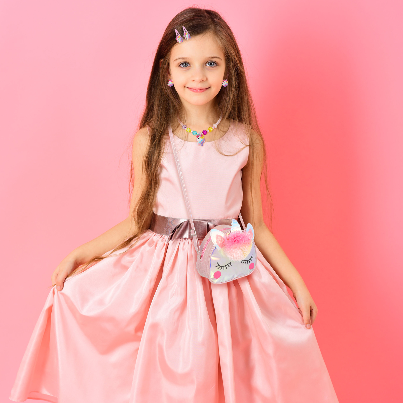 Armscye 12 Pcs Little Girl Unicorn Purse Set, Cute Unicorn Gifts for Girl, with Kawaii Unicorn Dress Up Jewelry, Adjustable Crossbody Bag with Unicorn Gift Box for Girl, Kid, Teenager