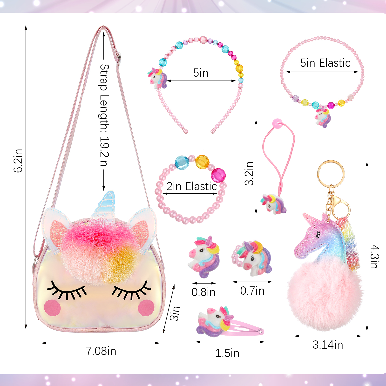 Armscye 12 Pcs Little Girl Unicorn Purse Set, Cute Unicorn Gifts for Girl, with Kawaii Unicorn Dress Up Jewelry, Adjustable Crossbody Bag with Unicorn Gift Box for Girl, Kid, Teenager