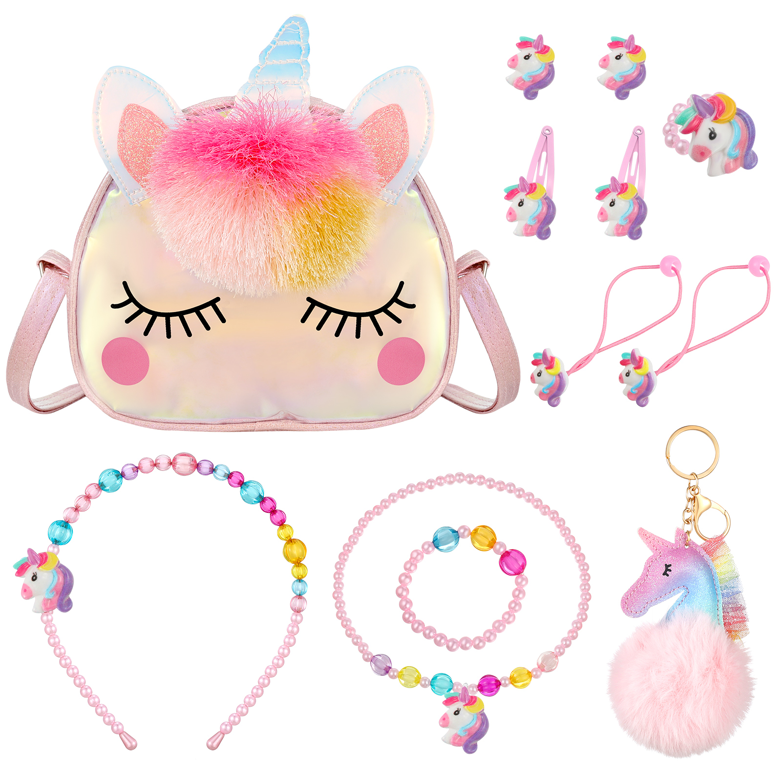 Armscye 12 Pcs Little Girl Unicorn Purse Set, Cute Unicorn Gifts for Girl, with Kawaii Unicorn Dress Up Jewelry, Adjustable Crossbody Bag with Unicorn Gift Box for Girl, Kid, Teenager