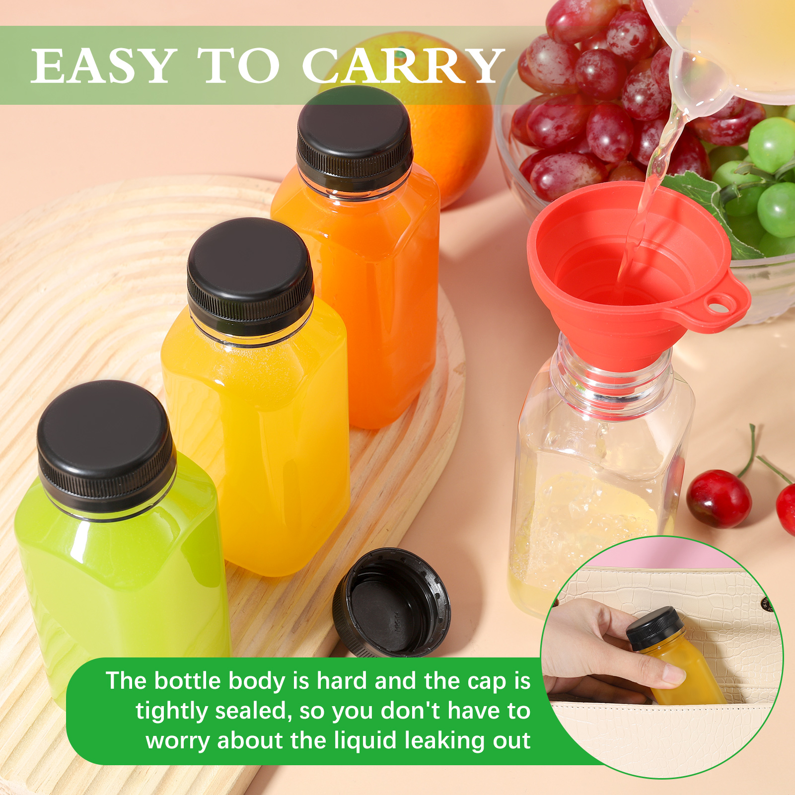 Armscye 16Pcs 8oz Plastic Empty Juice Bottles with Lids, Reusable Juice Bottles with Funnel and Brush, Clear Containers with Black Tamper Evident Caps for Juice, Milk and Other Beverages