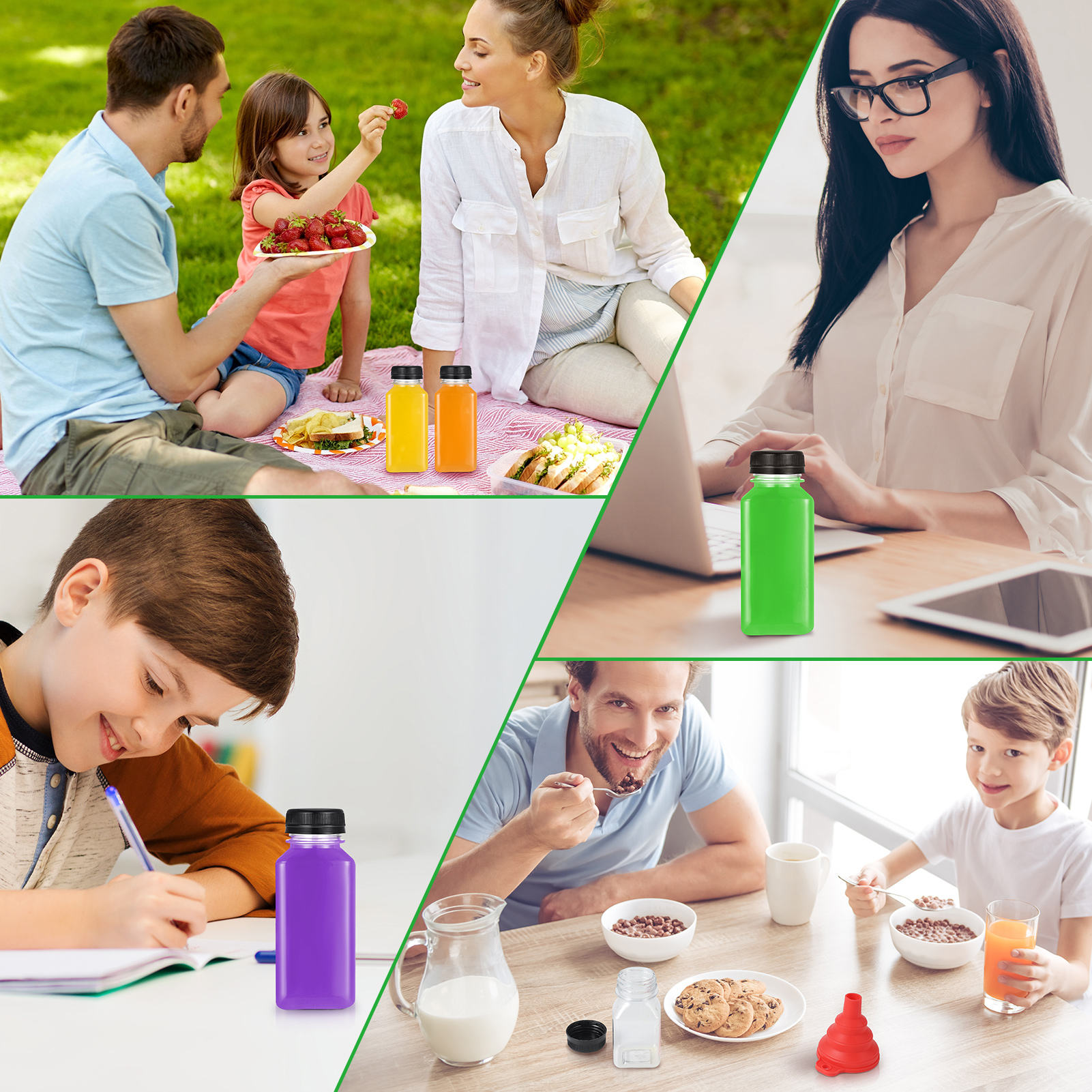 Armscye 16Pcs 8oz Plastic Empty Juice Bottles with Lids, Reusable Juice Bottles with Funnel and Brush, Clear Containers with Black Tamper Evident Caps for Juice, Milk and Other Beverages